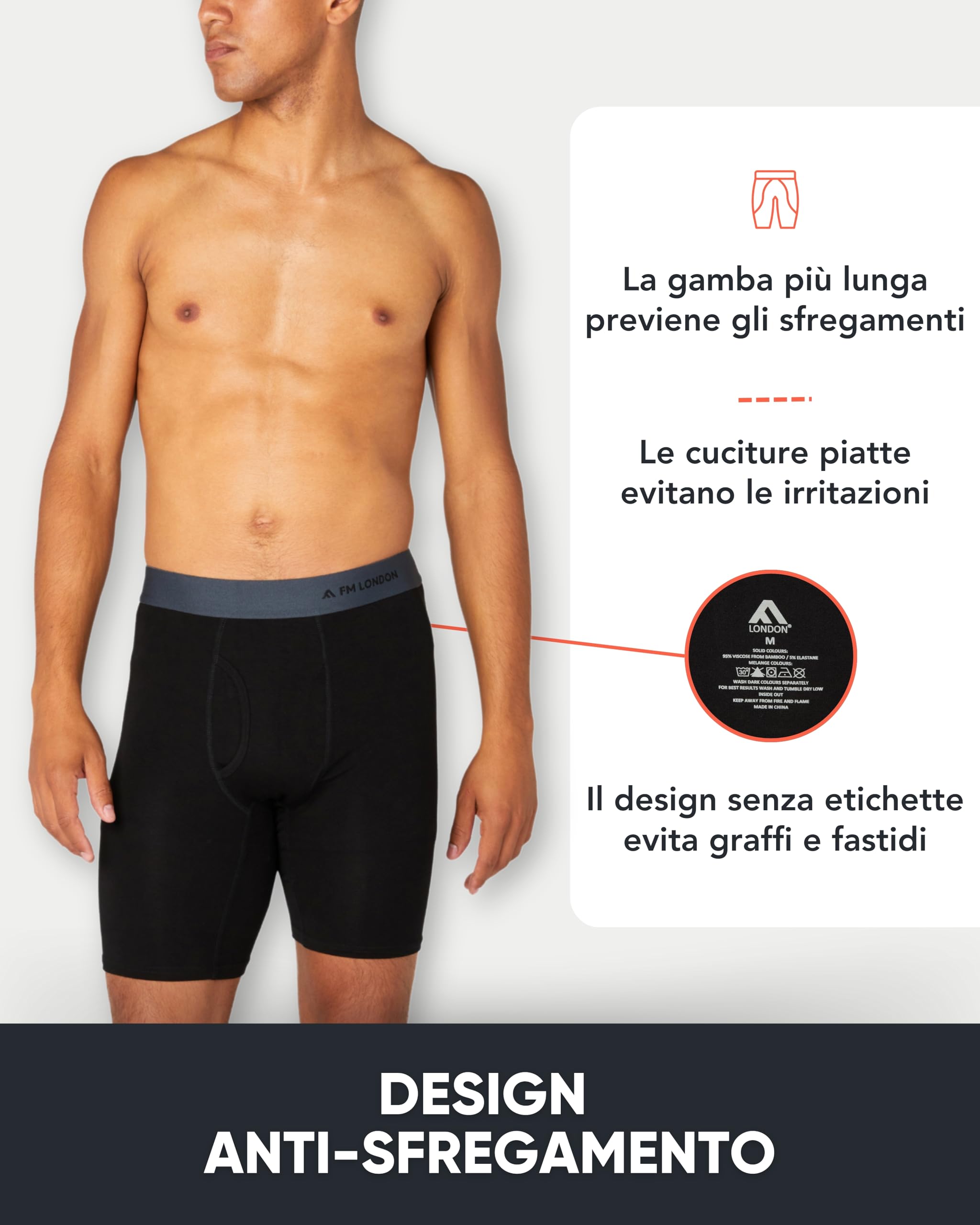 FM London Boxer Uomo Bamboo a Gamba Lunga Confezione da 4 - Boxer Uomo Lunghi Super Morbidi, Anti-Sfregamento, Traspiranti, con Apertura Frontale a Fessura