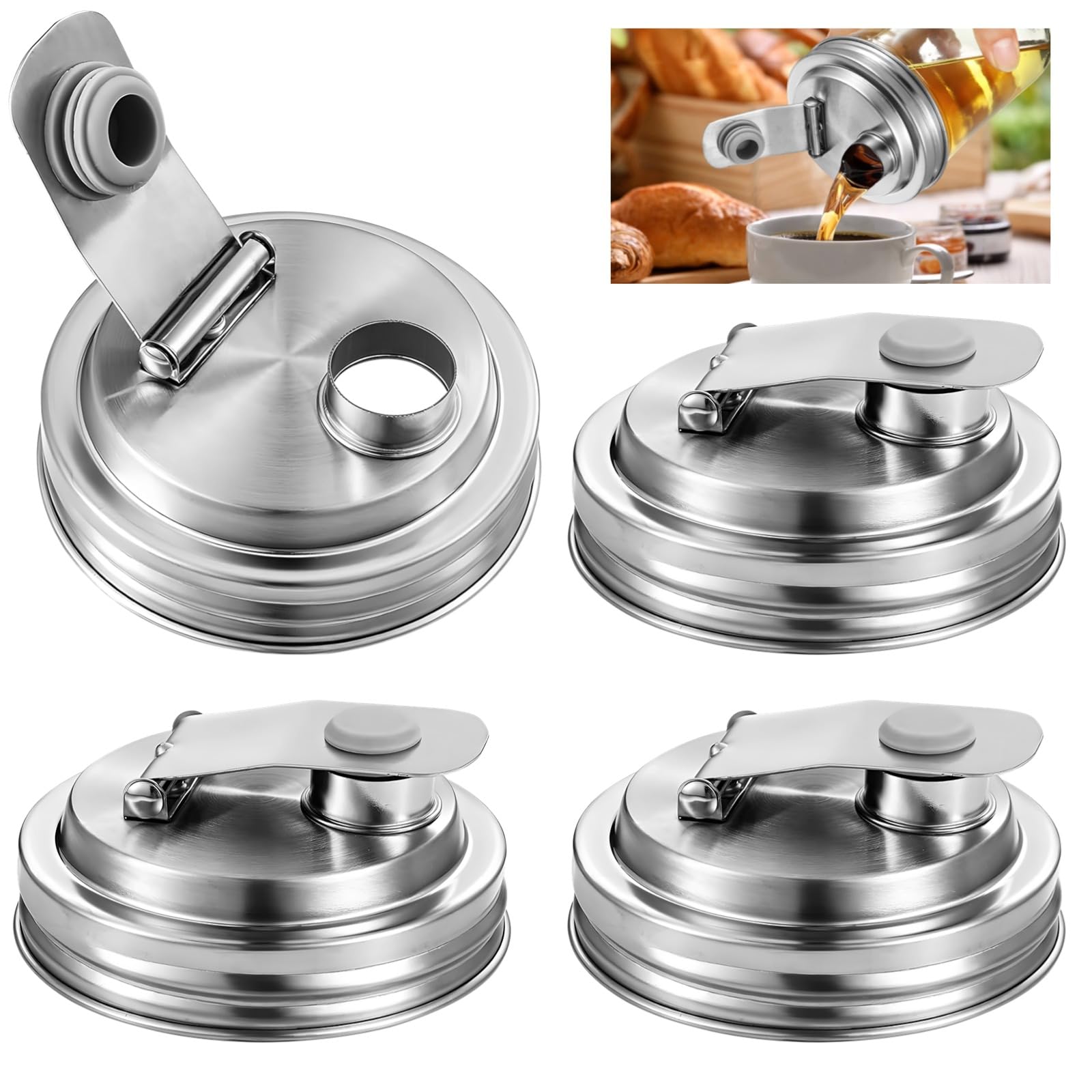 Generisch Mason - 4 coperchi per versatore in vetro in acciaio inox, a prova di perdite, con beccuccio pieghevole, antiruggine e a tenuta stagna, anello filettato rotondo da 8,6 cm, adatto per