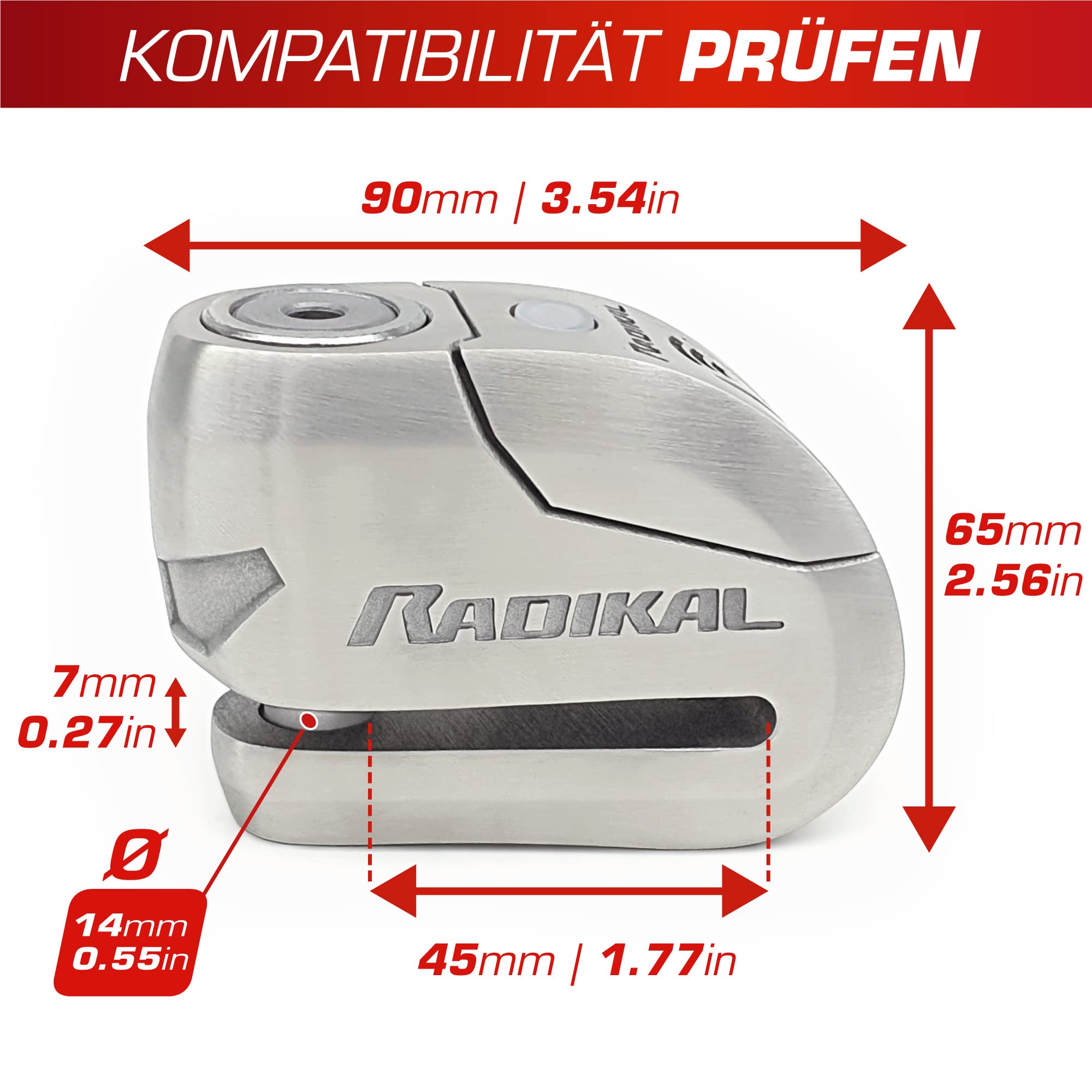 RADIKAL RK14S Bremsscheibenschloss Premium mit Alarm | Aktivierung nach Wahl, 120 dB, LED Warnung Voralarm | Motorrad Schloss SRA-Zertifiziert, aus Edelstahl, Doppelverriegelung Ø14, INOX
