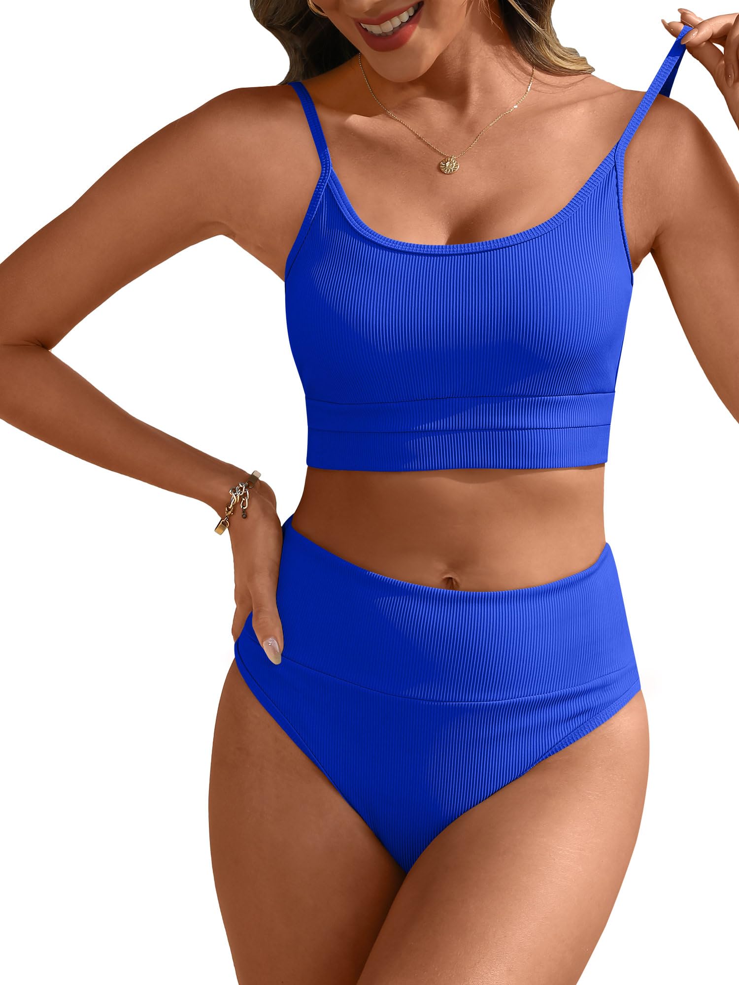 ANRABESS Women High Waisted Bikini Sets Color Block Summer Beach Vacation 2 Piece Bathing Suit Tummy Control Ribbed
