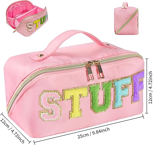 Miniatura 4 de Huifen Bolsa de aseo con letras bordadas, de chenilla, de nailon, impermeable, bolsa de aseo para mujer, portátil, multifuncional, de gran
