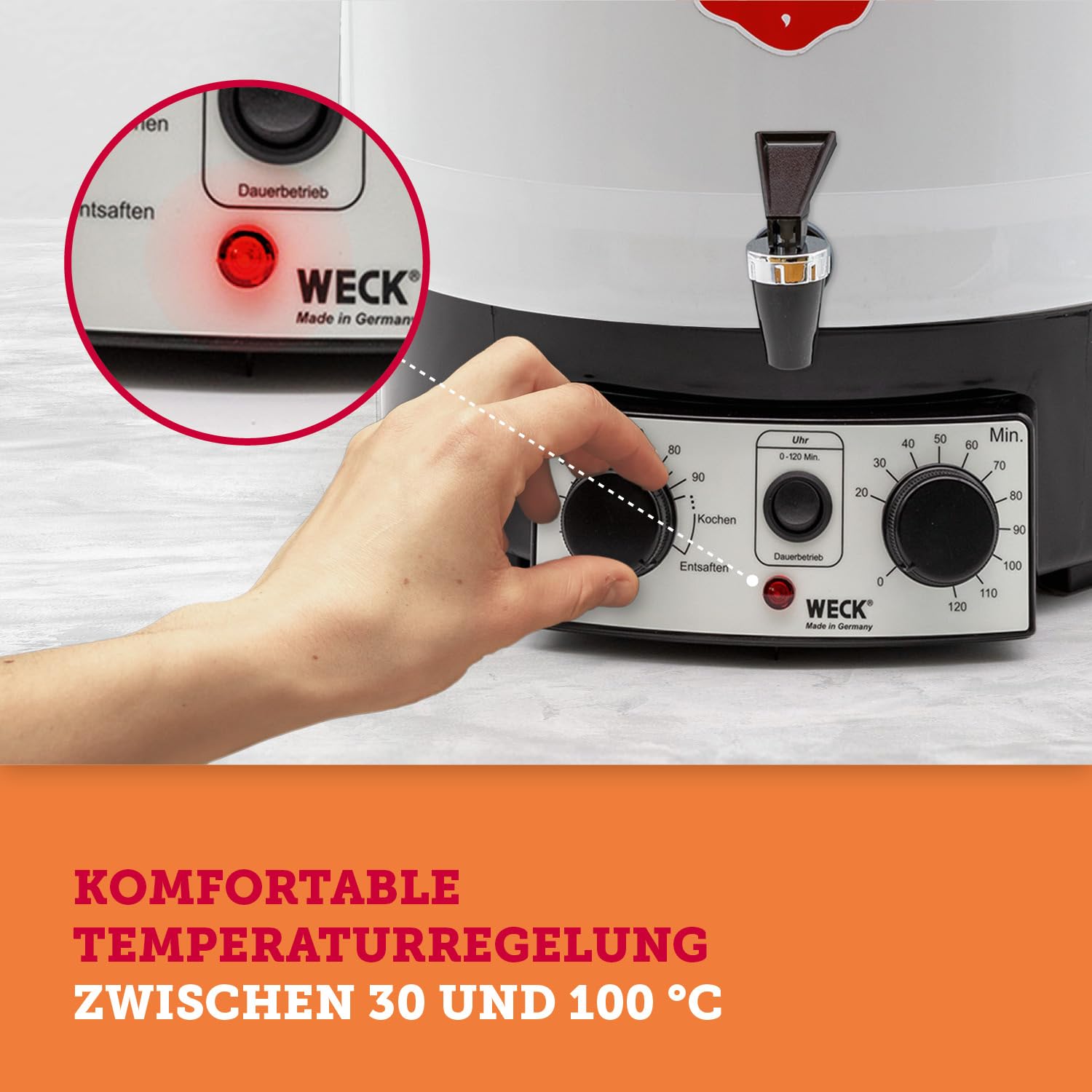 WECK Einkochautomat WAT35-A Kunststoff mit Präzisionsthermostat, Auslaufhahn & Zeitschaltuhr – 29L Einkochtopf, Glühweinkocher, Dampfentsafter, Einweckautomat – Made in Germany