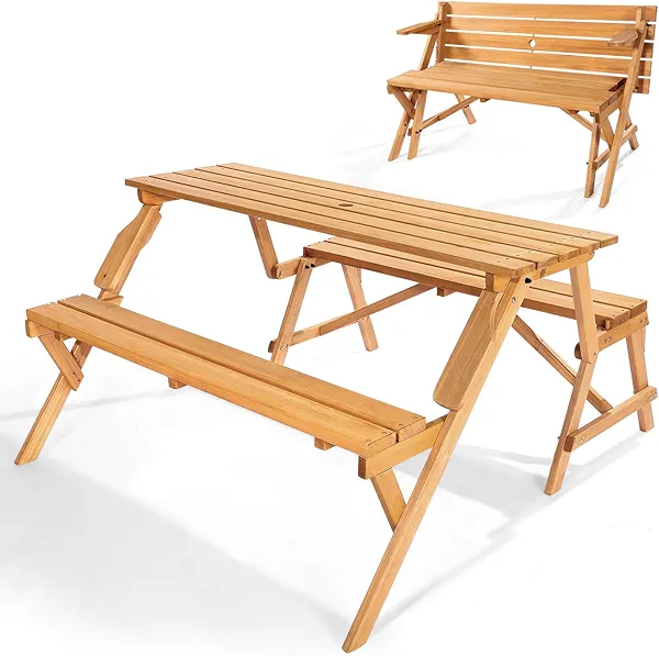 VEVOR 2-in-1 Transforming Interchangeable Picnic Table, Outdoor Wooden Table and Bench Set, Portable Foldable Bench with Umbrella Hole, Patio Dining Furniture for Garden, Backyard, Porch (Brown)
