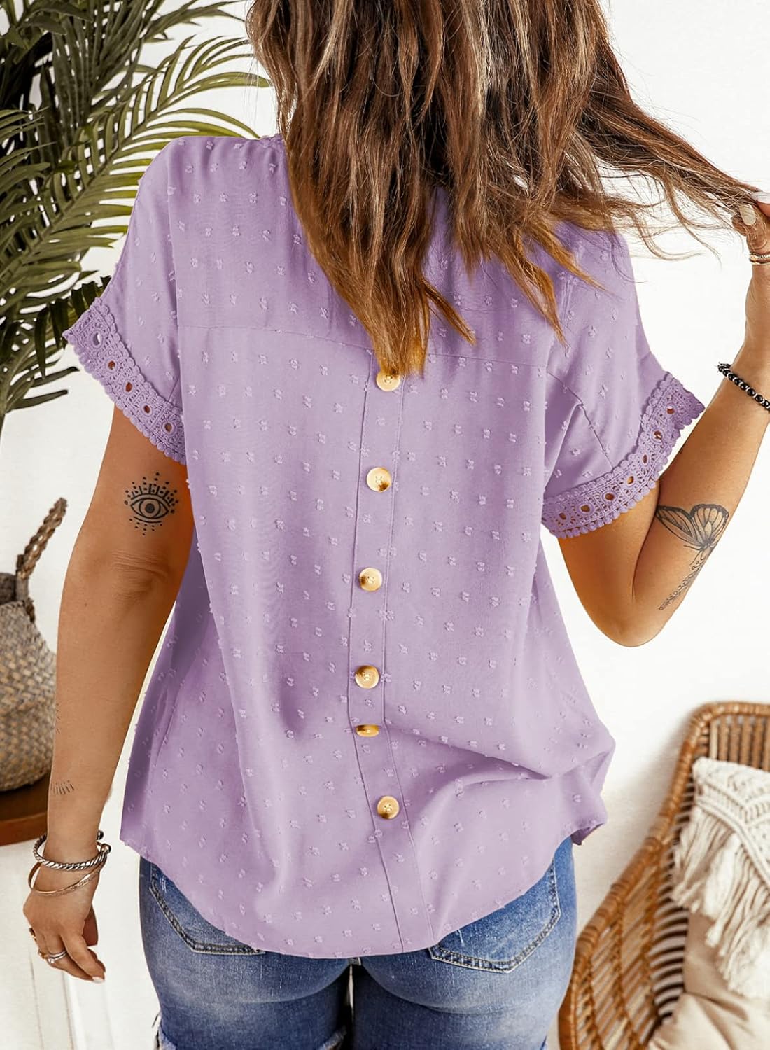Dokotoo Womens Summer Tops Crewneck Lace Crochet Short Sleeve Shirts Casual Chiffon Blouses - Image 2
