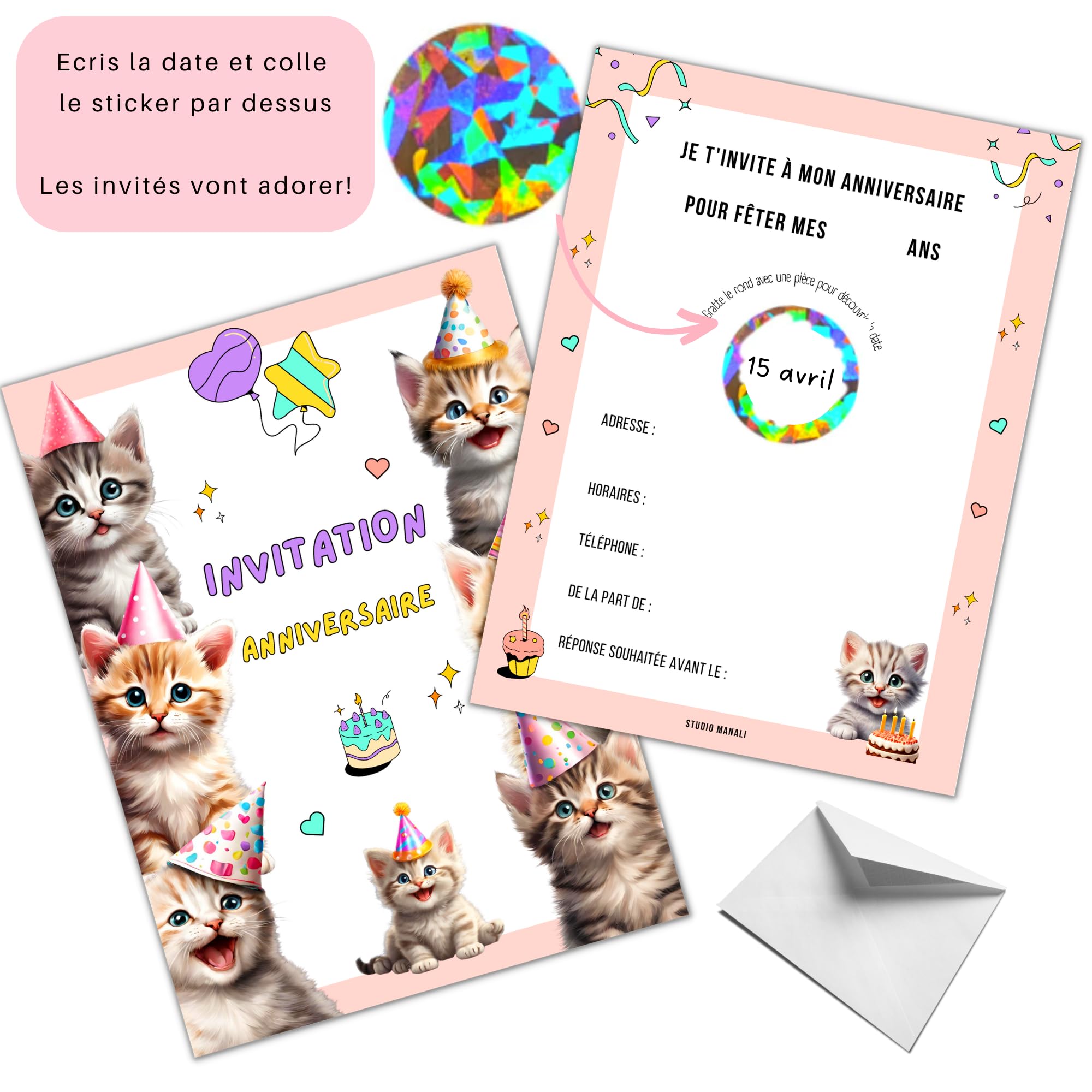12 Cartes Invitation Anniversaire à Gratter STUDIO MANALI - Thème Neon Avec Enveloppes