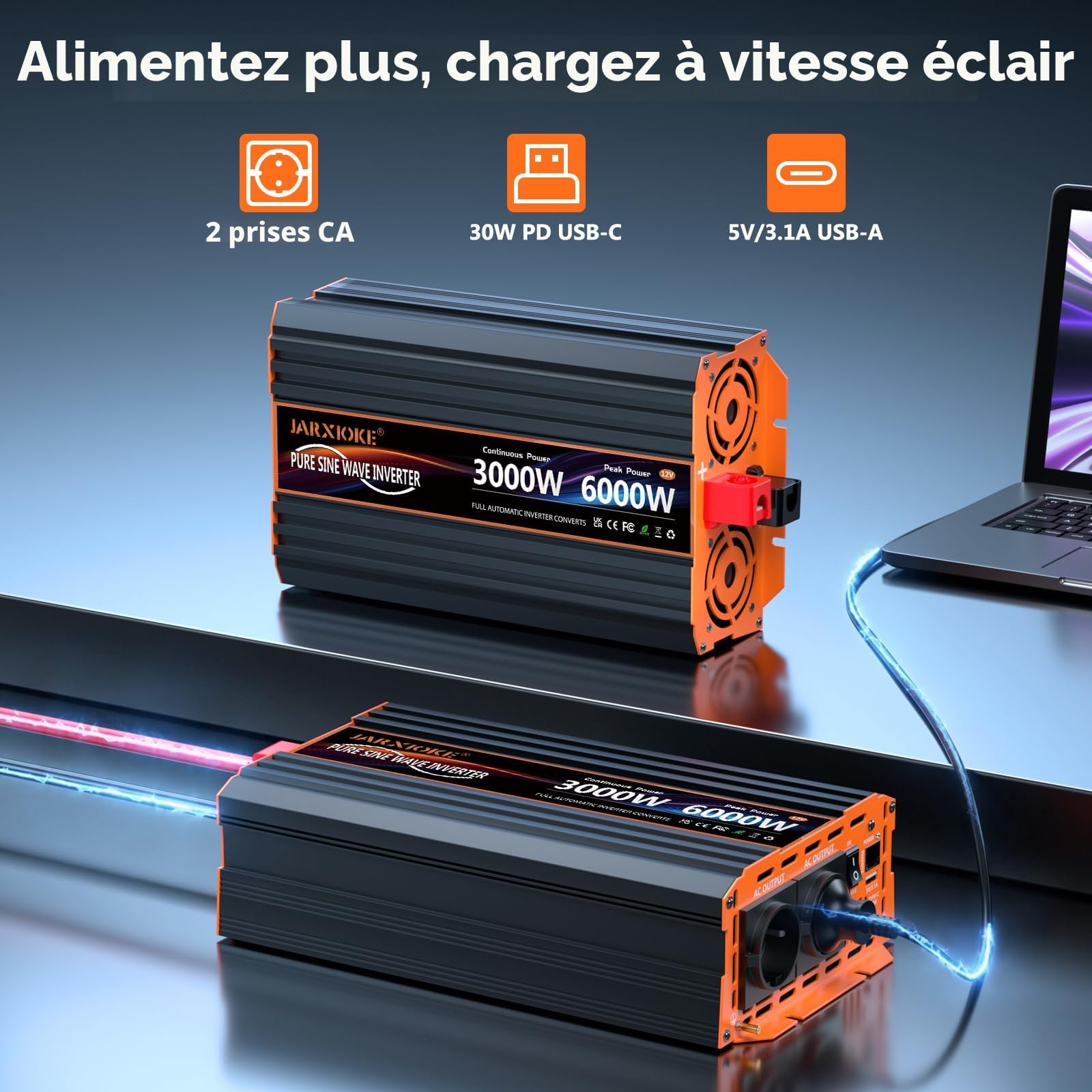 Convertisseur 12V 220V Pur Sinus 3000W/6000W Onduleur Transformateur de Tension Inverter avec écran LCD Télécommande & 2 Prises EU & Ports USB 3,4 A & Port de USB-C pour Camion,Camping-car park,Voyage