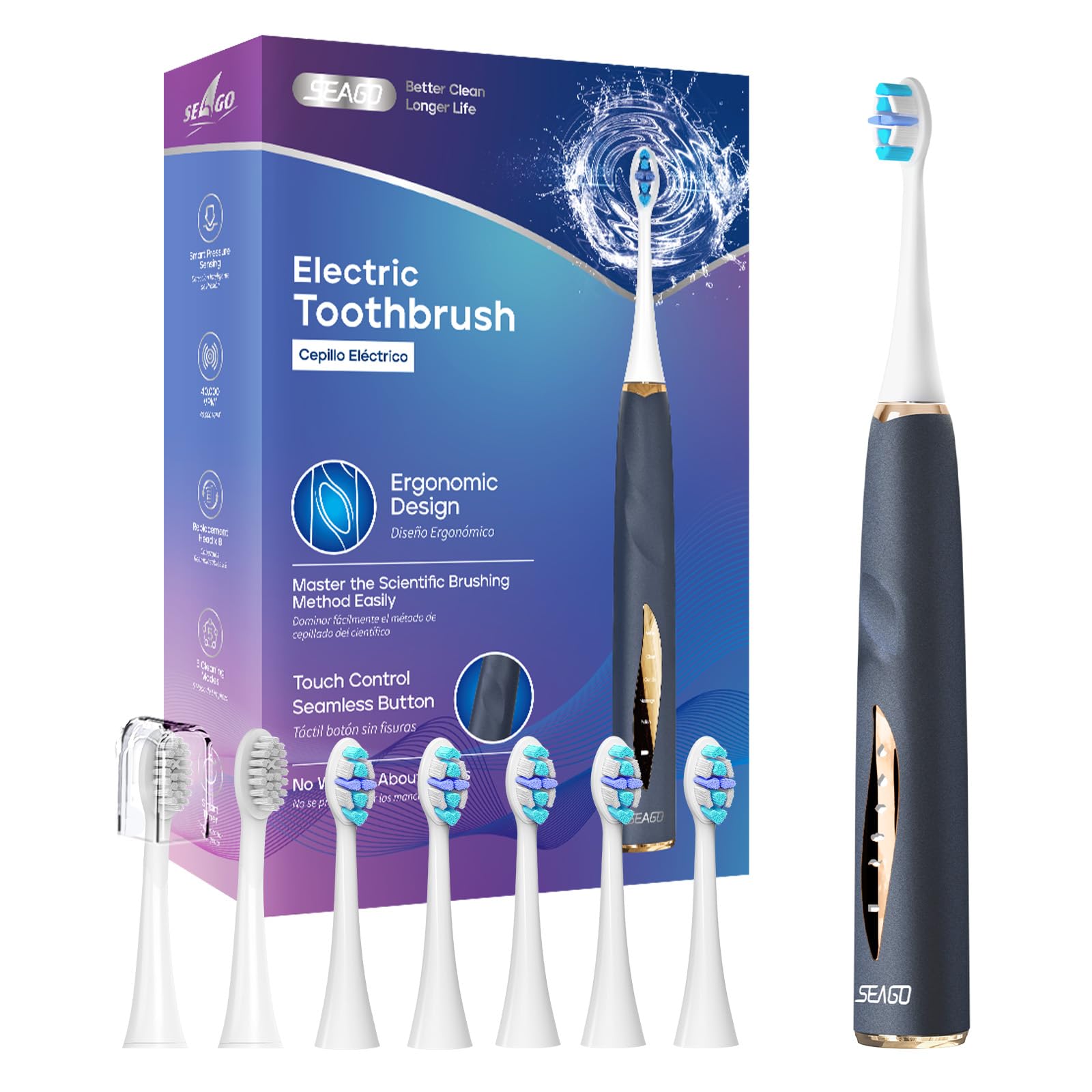 Seago spazzolino elettrico con sensore di pressione con porta spazzolino elettrico, 8 Testine, 40000 VPM, 5 Modalità, Timer da 2 Min, IPX7, Per Adatto alle persone sensibili, Adulti, Bianco (Blu)