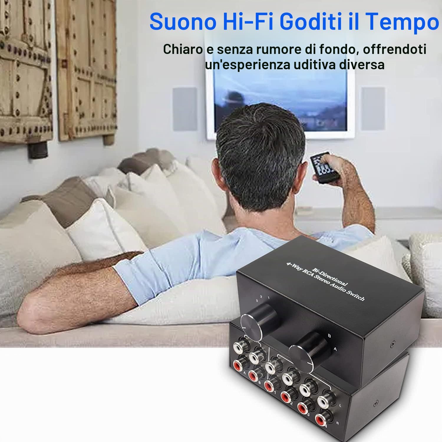 XMSJSIY Commutatore audio stereo bidirezionale L/R RCA a 4 vie, 2 in 4 uscite o 4 in 2 uscite, interruttore audio RCA L/R canale audio splitter audio selettore audio scatola interruttore per DVD
