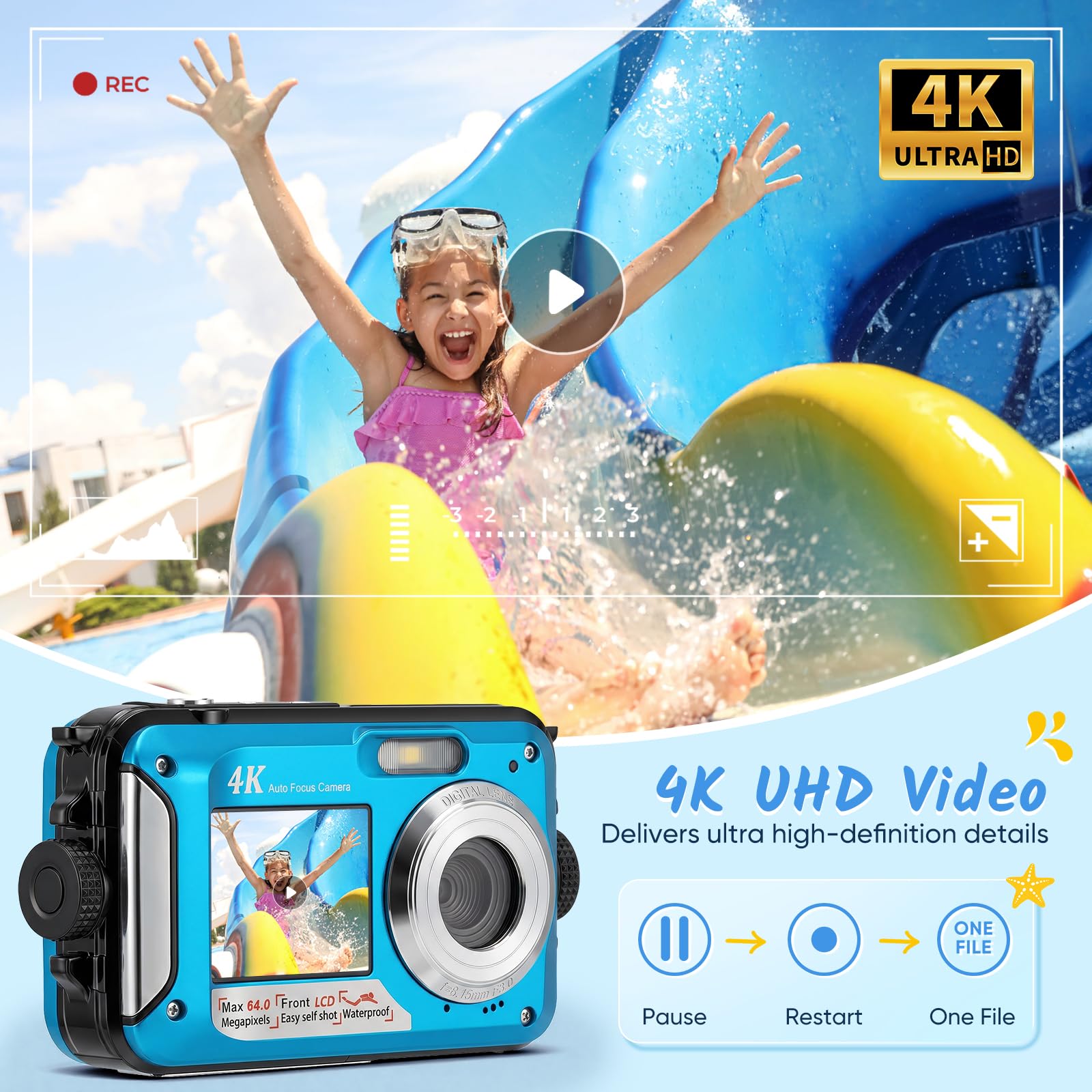 Fotocamera subacquea da 64 MP con messa a fuoco automatica e video 4K, IP68 impermeabile fino a 4,9 m, fotocamera digitale con scheda da 32 GB, doppio display, zoom 16X per snorkeling, blu