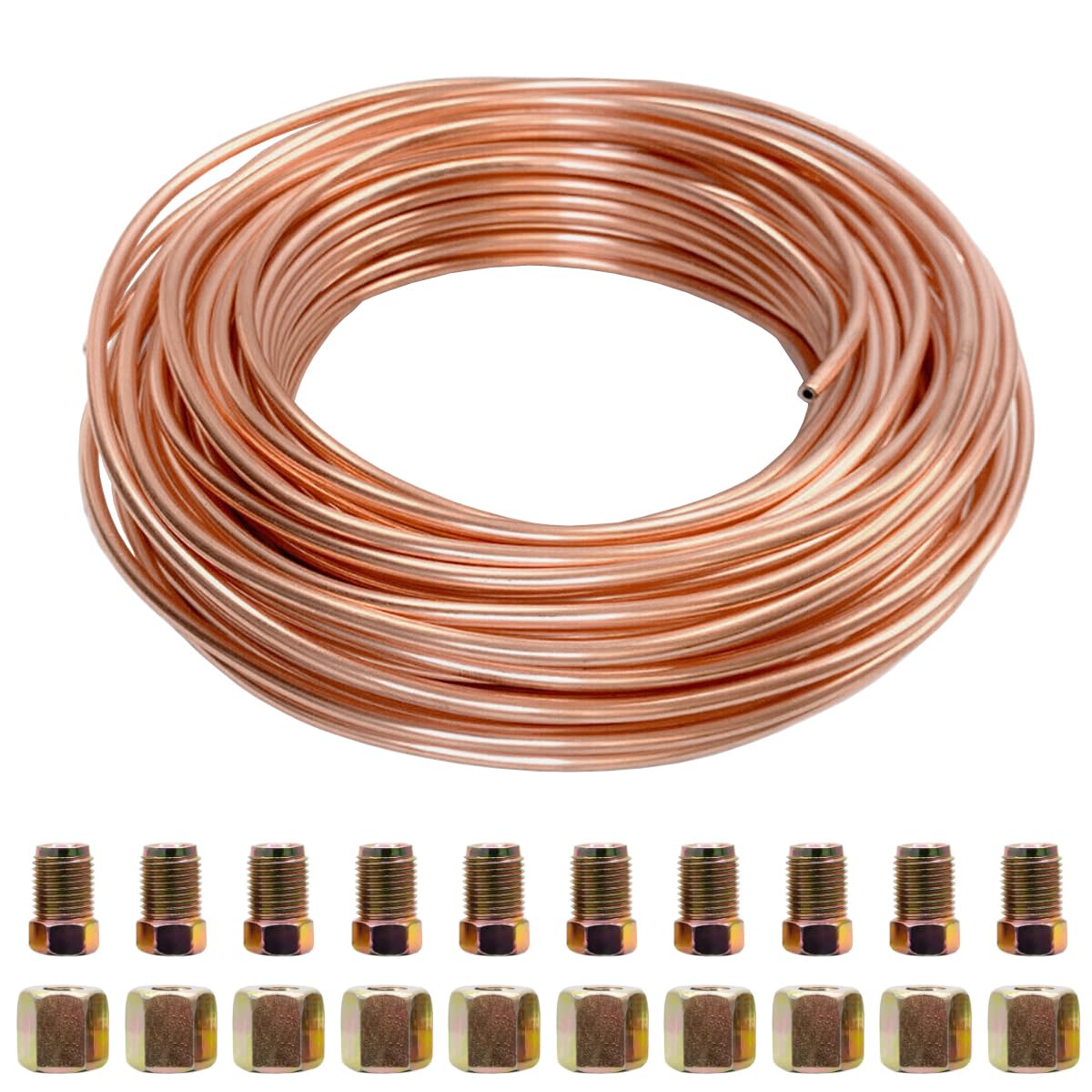 10m Tubo Freno in Rame per Auto 3/16" 4,75mm Tubo del Freno Rivestito in Rame Kit di Linea Freno di Sostituzione Auto Flessibile Tubi per Olio Carburante con 20 Dadi
