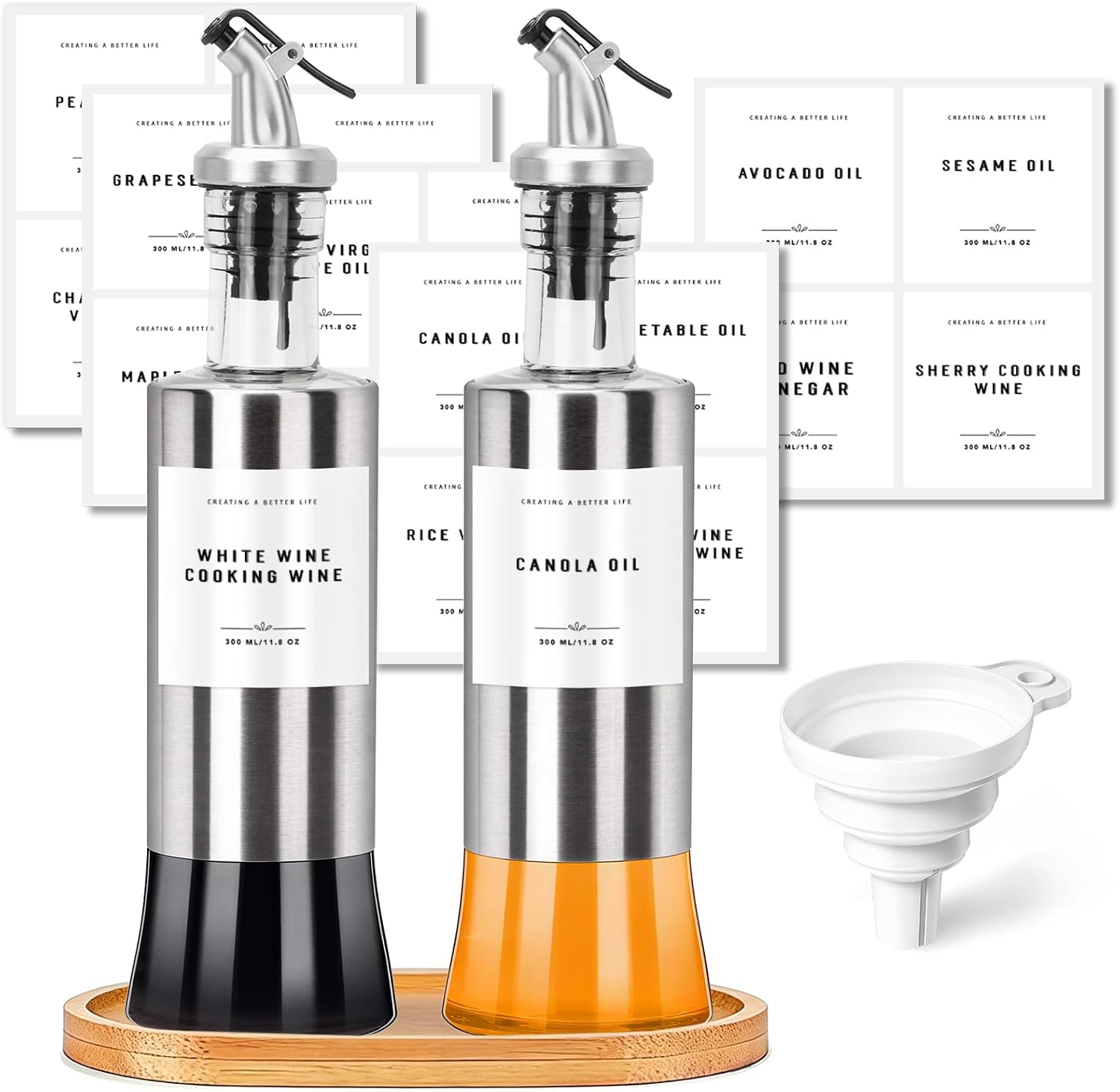 Olive Oil Dispenser Bottles for Kitchen with Bamboo Tray, Oil and Vinegar Dispenser Set, Stainless Steel Glass Dispensers for Kitchen, Dispenser Bottle of 300ml - Set of 2