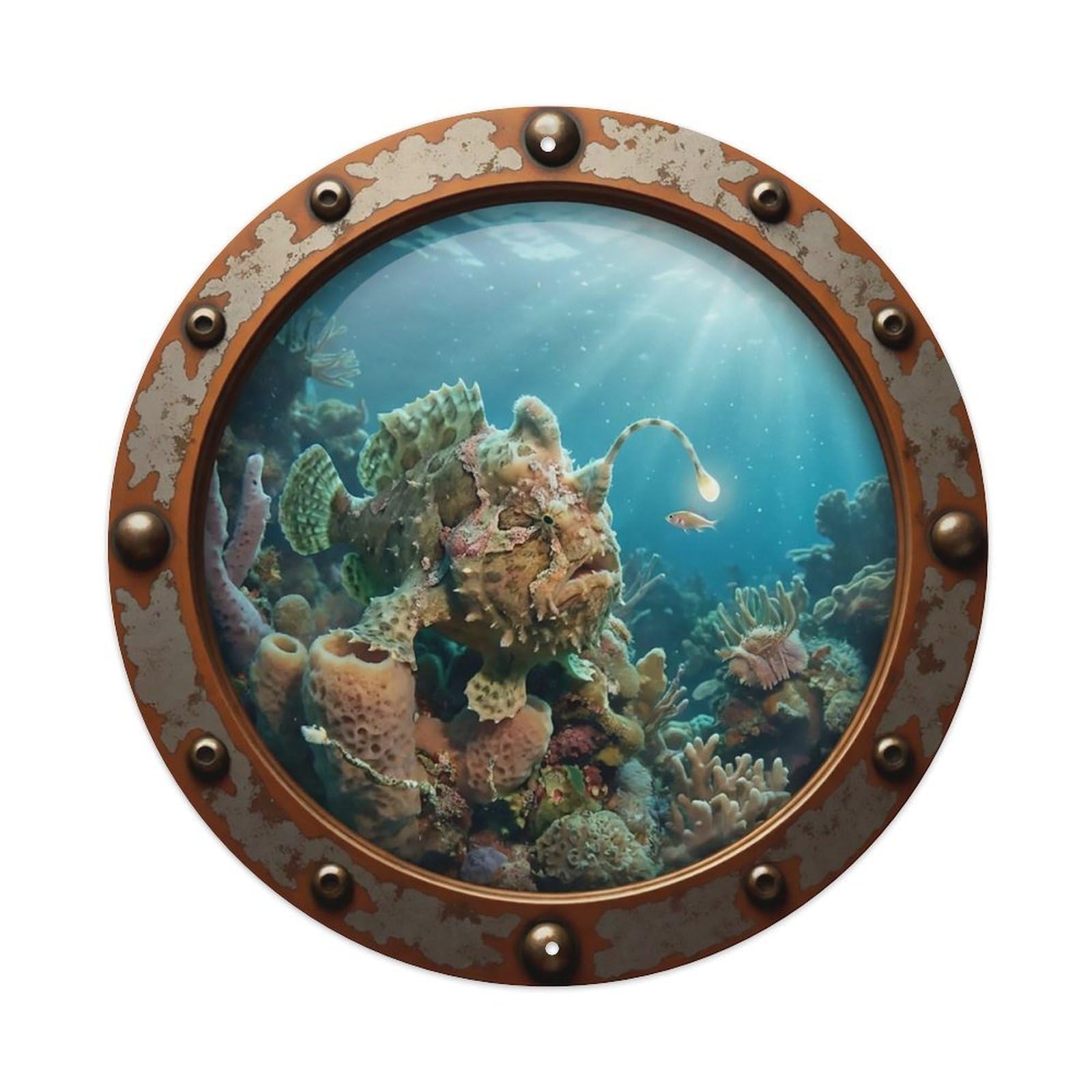 Odgynaw 8X8inch(20X20cm) Vintage Porthole Frogfish Nautical Window View Metal Tin Sign