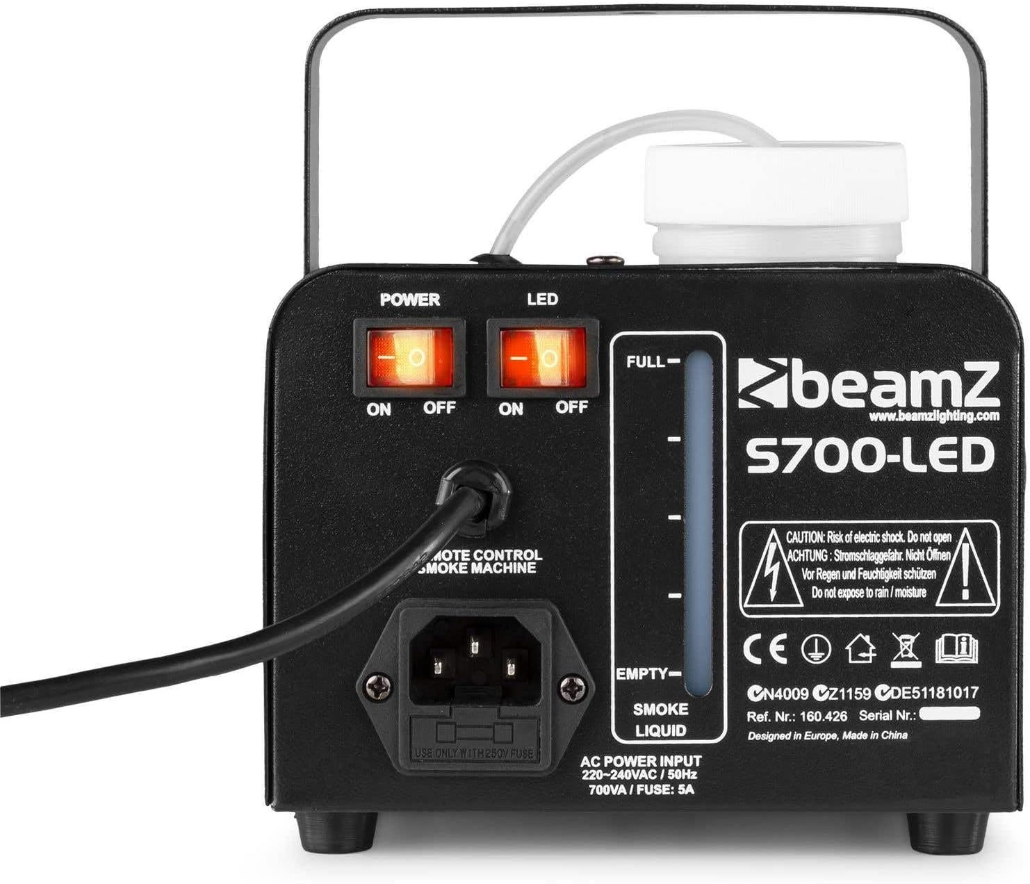 Rear panel of the Beamz S700-LED fog machine showing power and LED switches.
