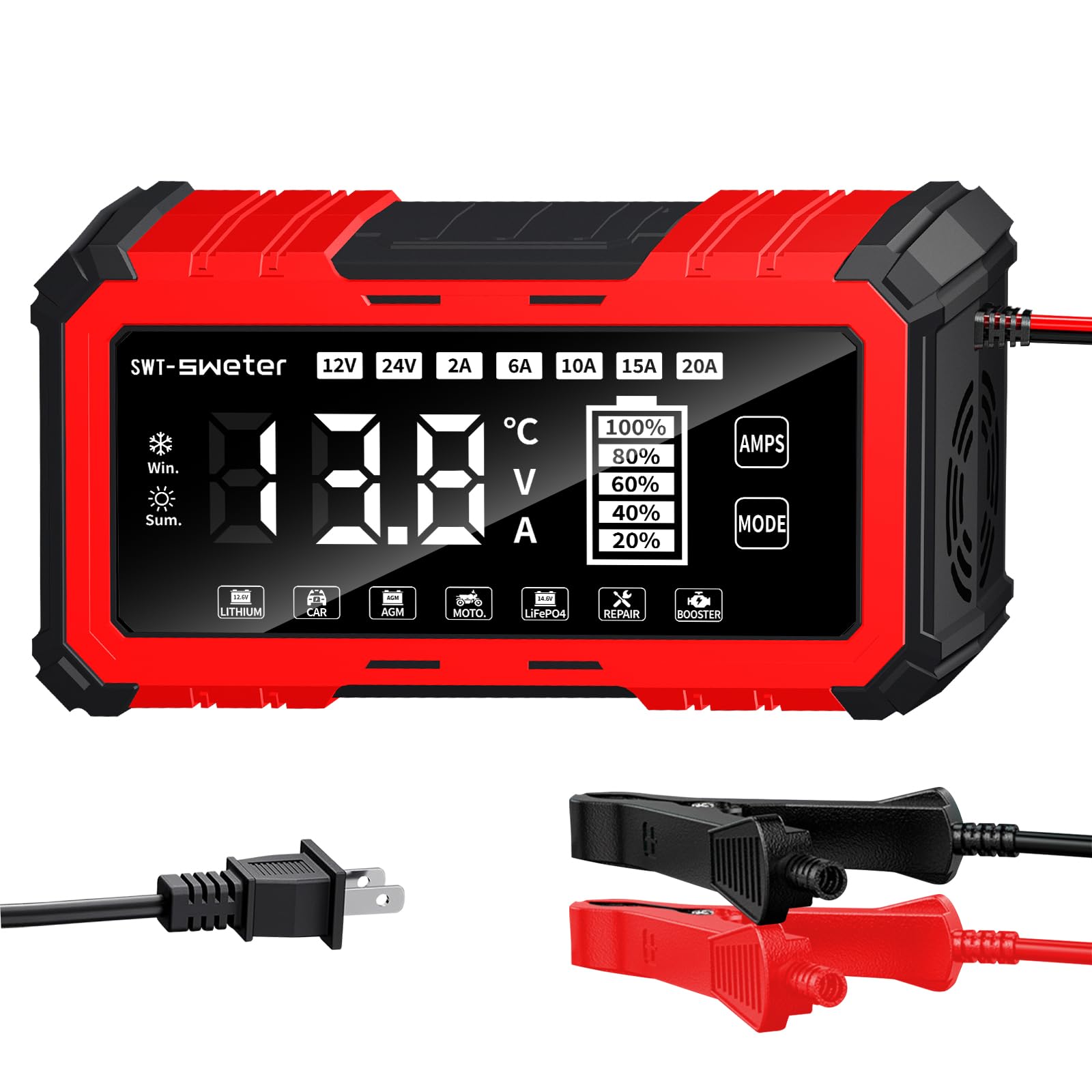 Photo 1 of **UNTESTED**
SWTsweter 20A Smart Car Battery Charger & 12V/24V Maintainer with 200s Booster -Adjustable Amp Trickle Charger for Lead-Acid, AGM, Gel, LiFePO4 Compatible with 12.6V Lithium-Ion (NMC)
