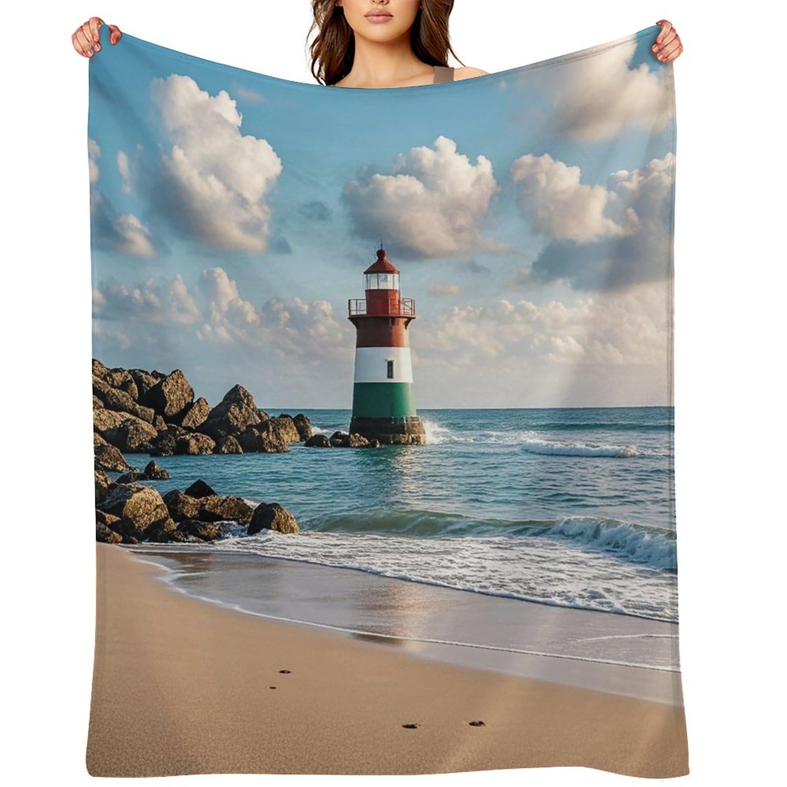 Flannel Sea Lighthouse Sandbeach Throw Blanket for Couch Super Soft Fuzzy Cozy Flannel Blankets No Shed No Pilling FAnti-Static Winter Bed Blanket Decorative and Giftable Blankets