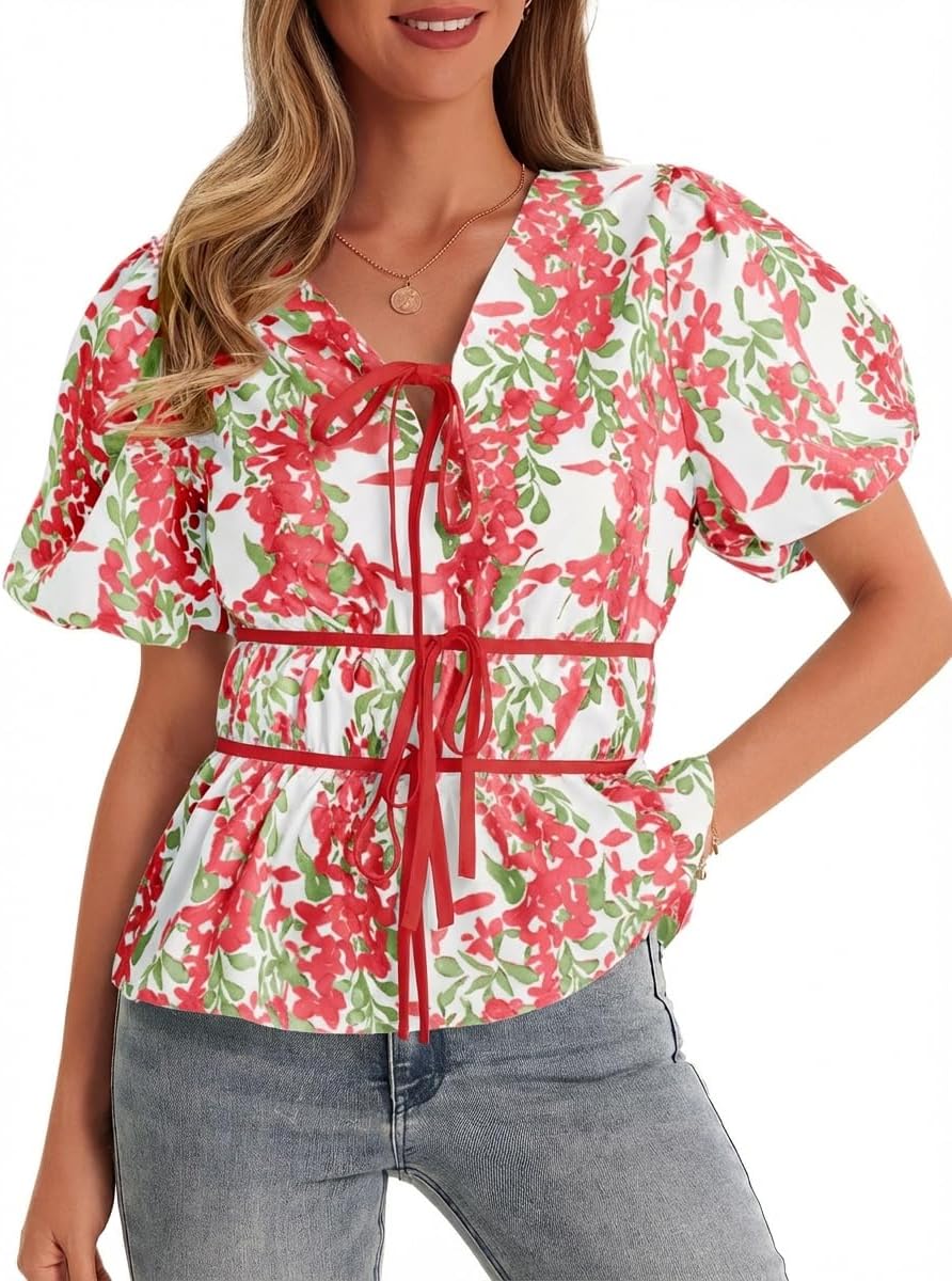 Cicy Bell Womens Puff Sleeve Tie Front Tops Summer Babydoll Peplum V Neck Blouse Casual Dressy Pleated Floral Print Shirts