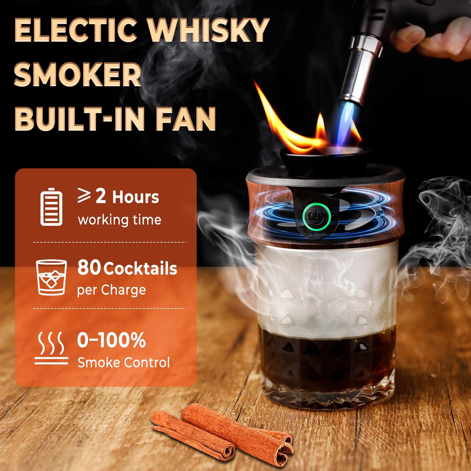 AVUMDA Kit Fumoir Whisky Électrique Avec 8 Arômes De Copeaux De Bois, Ensemble Fumoir Cocktail Rechargeable, Kit Fumoir Boissons à L'ancienne, Cadeau Homme, Anniversaire, Fête Des Pères, Noël