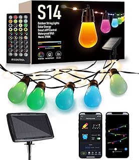 Smart Solar Powered Outdoor String Lights, DIY Patio Lights Commercial Grade Waterproof Shatterproof, 49Ft Edison Bulbs, Color Changing Music Sync Cafe Lights APP & Remote Control