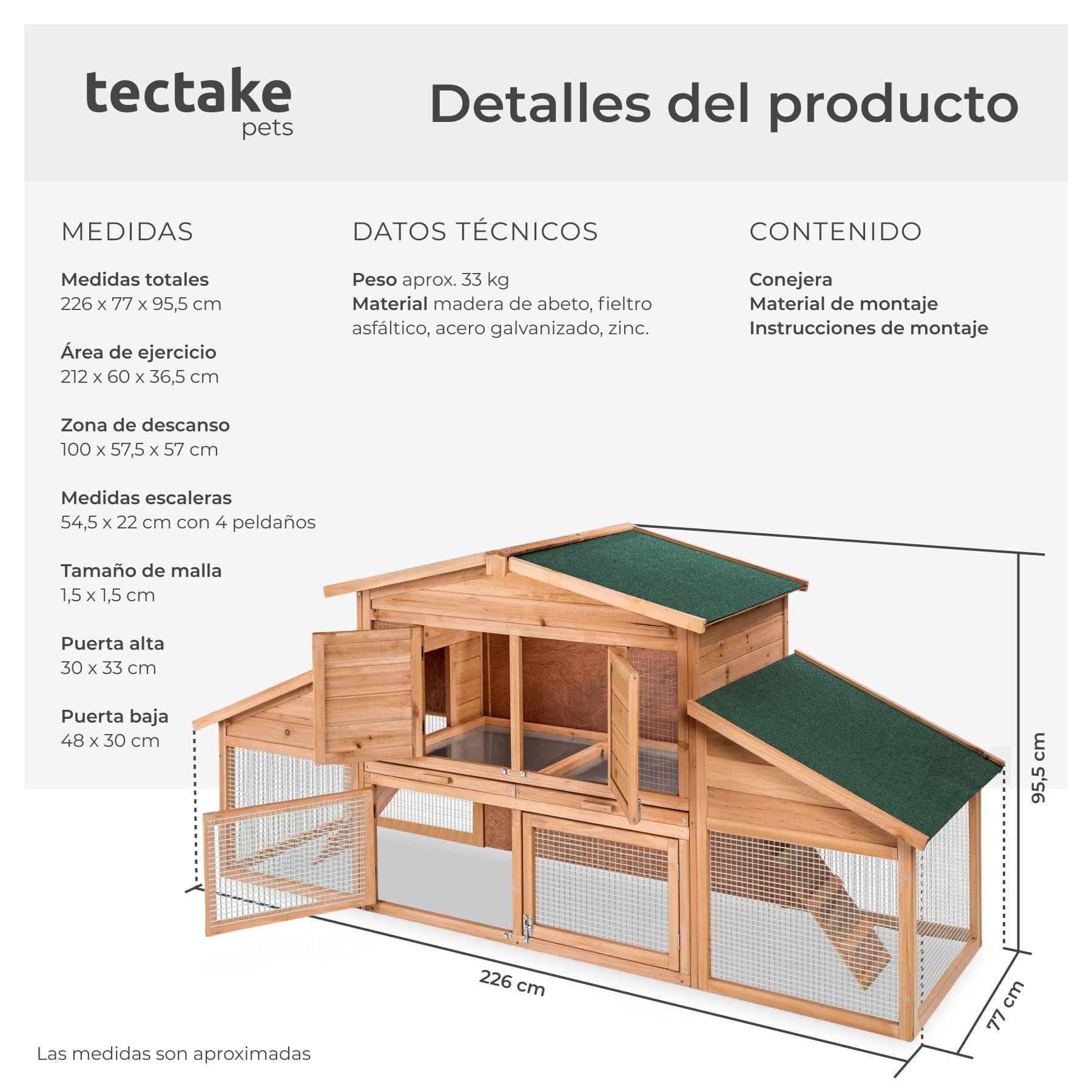 tectake® Conejera Exterior de Madera con Espacios Abiertos y Cerrados, Ideal como Casa para Conejos o Jaula Cobaya, Ideal para Tener Tus Conejos de Mascota al Aire Libre - 226 x 77 x 95,5 cm Marrón