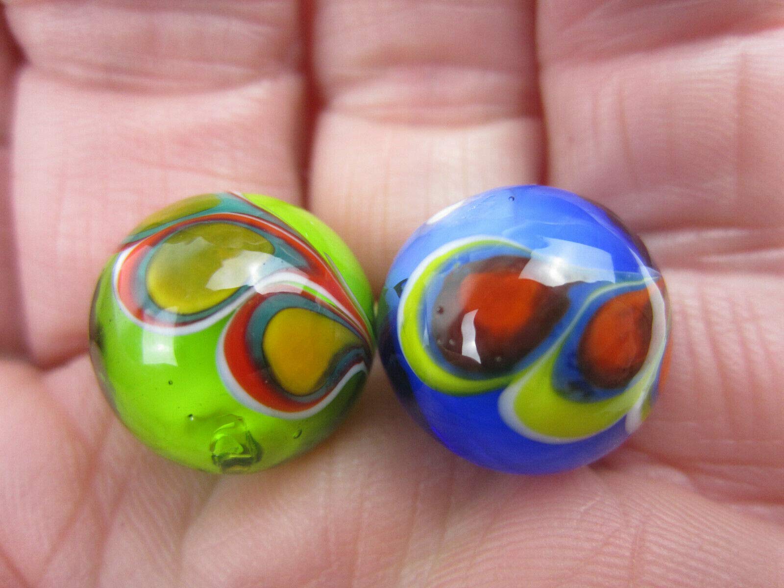 Big Game Toys~2 Peacock 16mm Handmade Art Glass Orange Blue Green Yellow Red Design Marbles Feather Swirl