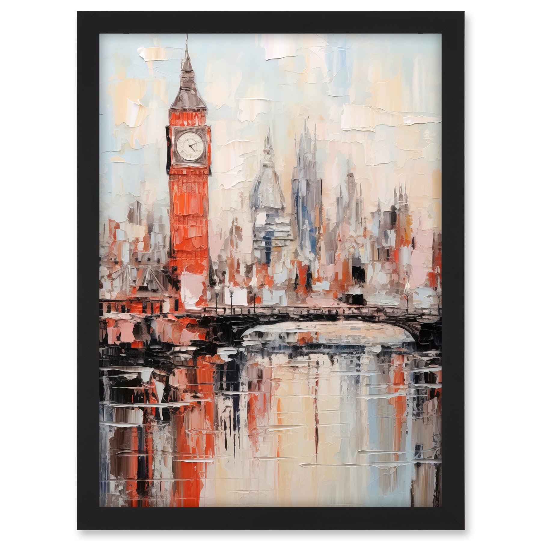 Artery8 London Skyline Abstract Oil Painting Thick Paint Red Big Ben River Thames Westminster Bridge England City Artwork Framed A3 Wall Art Print