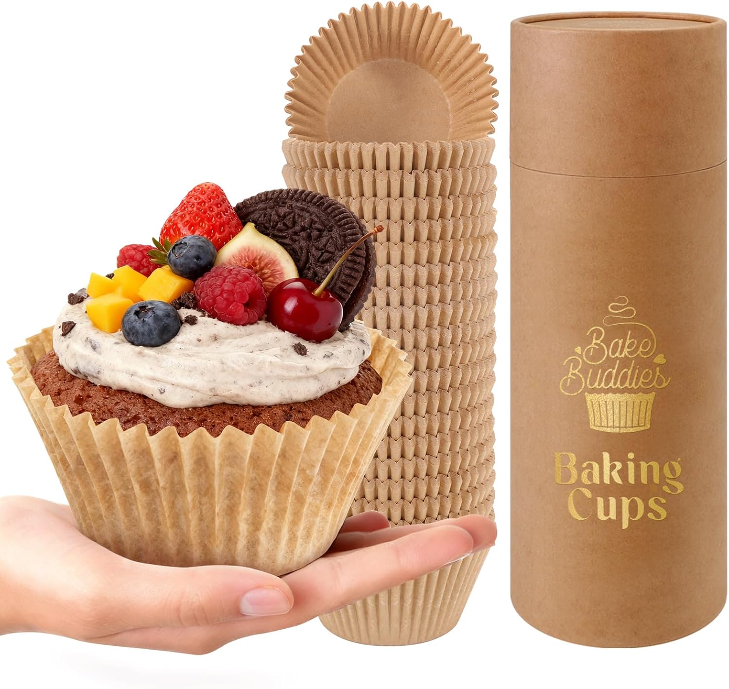 4.2" Jumbo Muffin Liners, Unbleached Parchment Baking Cups, Non-Stick Greaseproof for Kodiak Pans, Reusable 5-in-1 Cardboard Tube (Brown, 600 count)