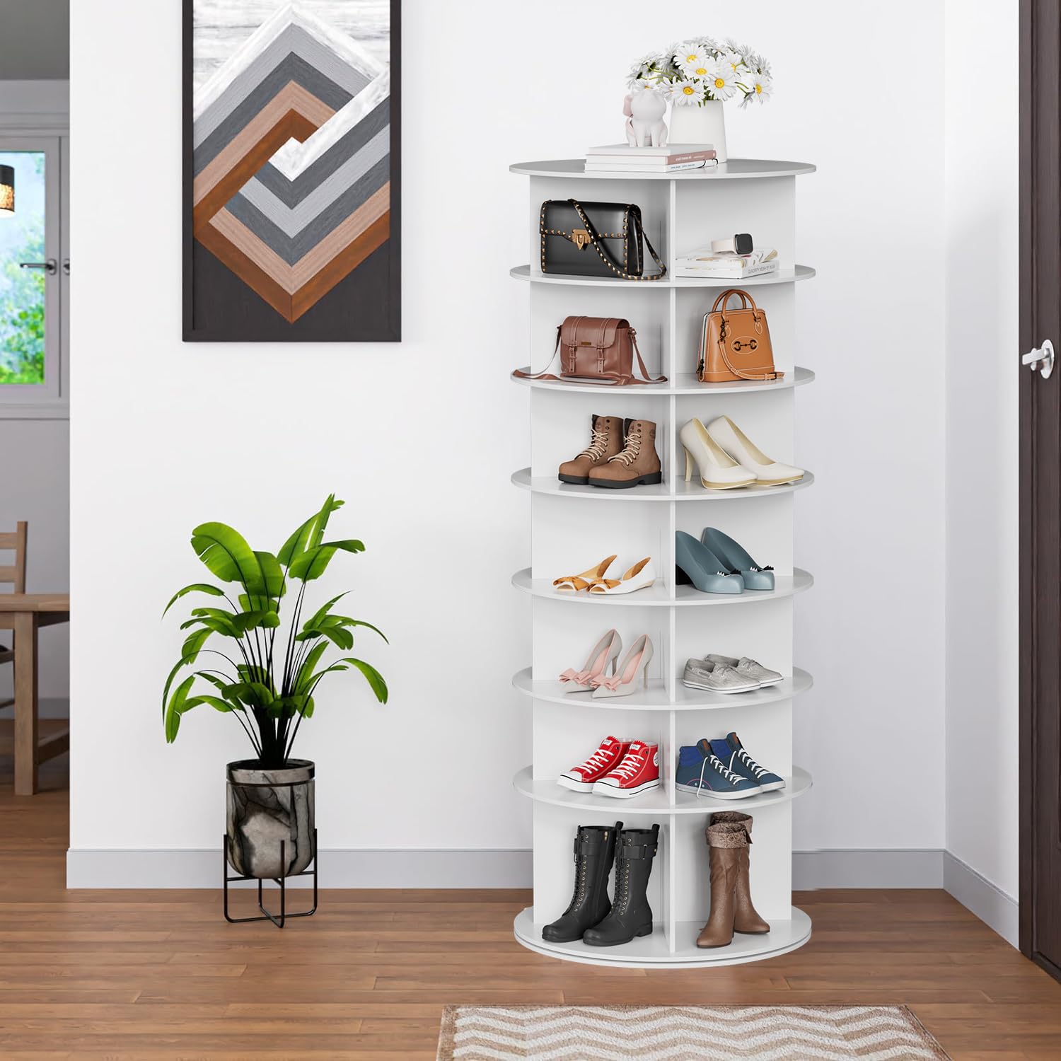 bimiti Zapatero giratorio de 7 niveles, torre giratoria de pie, 360°, organizador de almacenamiento fácil de montar, sostiene más de 28 pares de zapatos para entrada y armario (7 niveles)