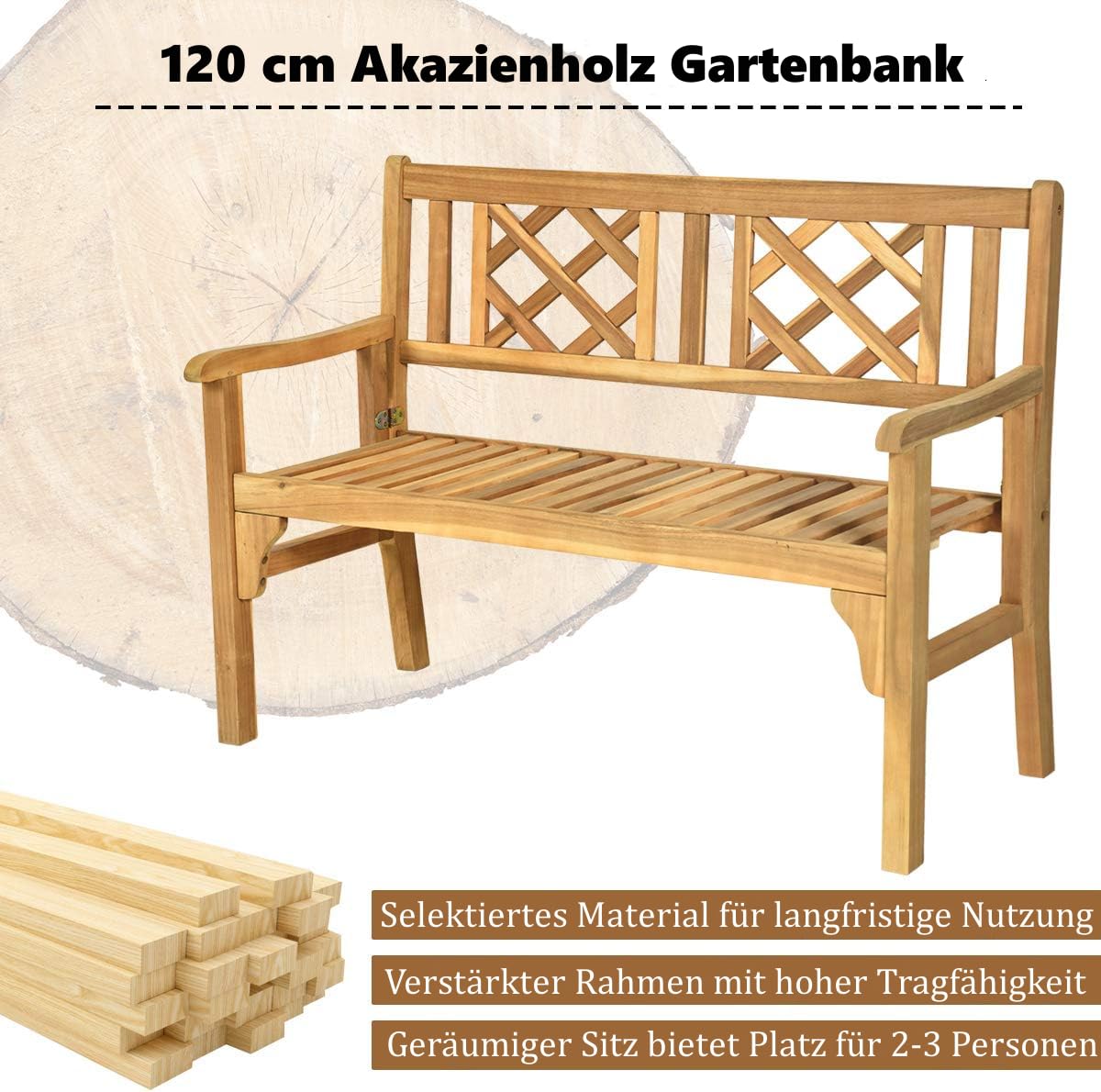 RELAX4LIFE Klappbare Gartenbank, Holzbank mit Armlehnen, Sitzbank aus Akazienholz, Bank bis zu 320 kg belastbar, Parkbank für 2-3 Personen, 120 x 56 x 90 cm, für Terrasse & Balkon & Garten, Natur