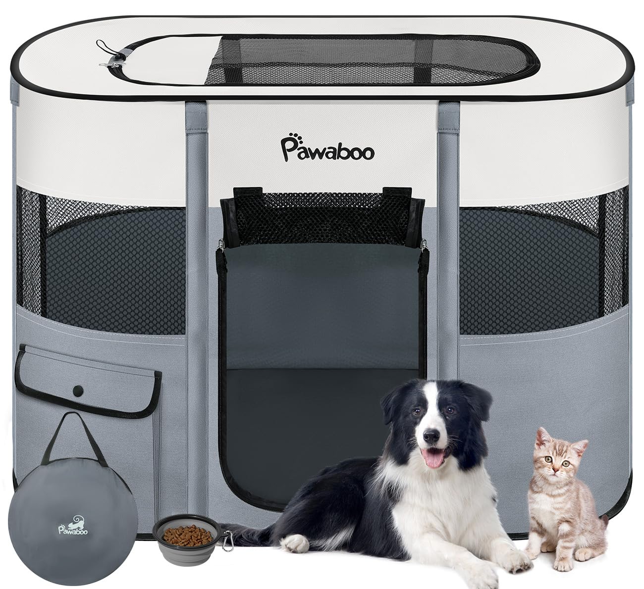 Pawaboo Portable Pet Playpen, Waterproof Oxford Folding Cage with Carry Bag and Bowl, Fence for Dogs, Cats and Rabbits, Size M, Grey