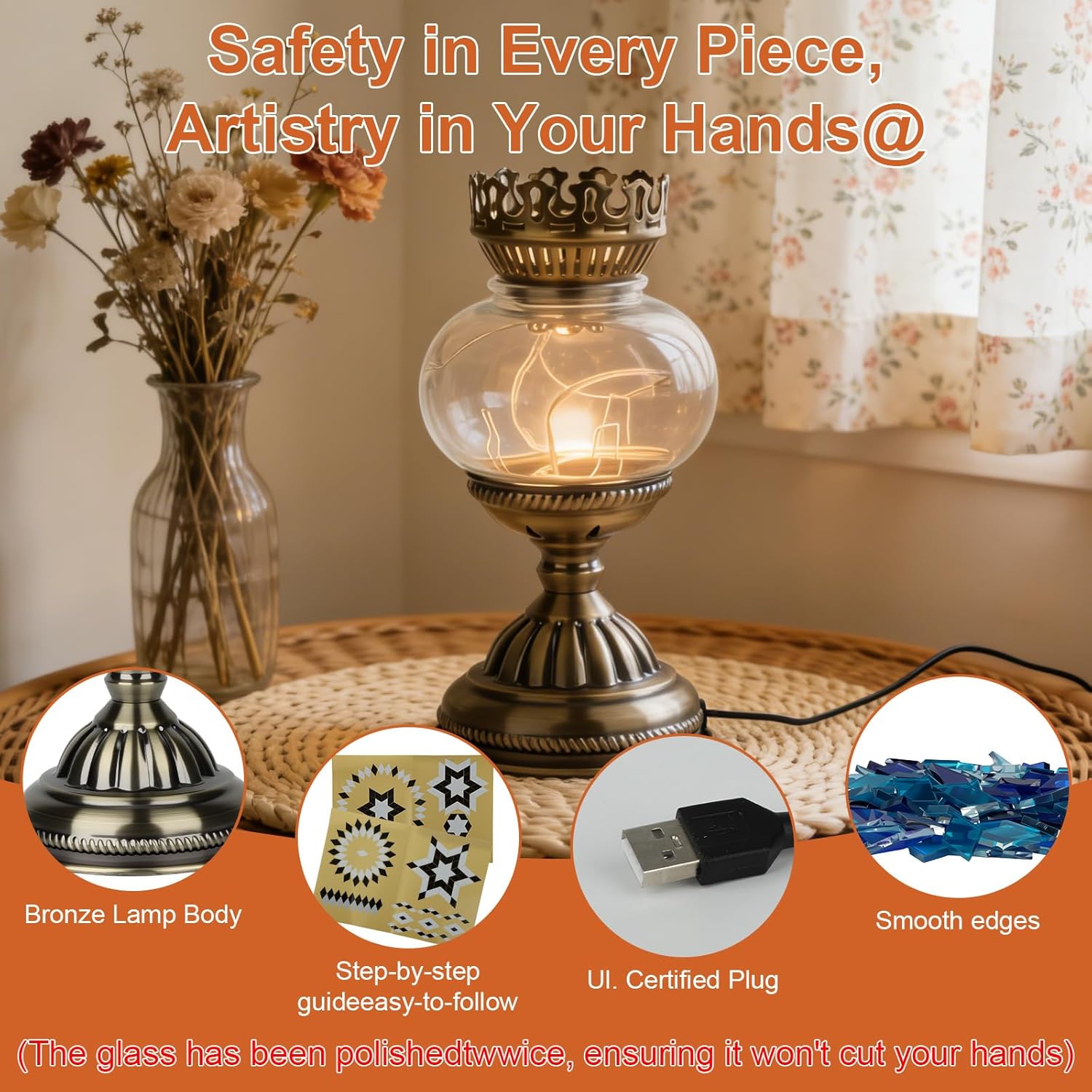 Longzhuo Turkish Mosaic Lamp Kit DIY Sachet Placement on Top Stained Glass Decorative Table Bedside Night Light Tabletop Bohemian Morrocan Lamp Crfat Kit for Living Room Decorations, Blue