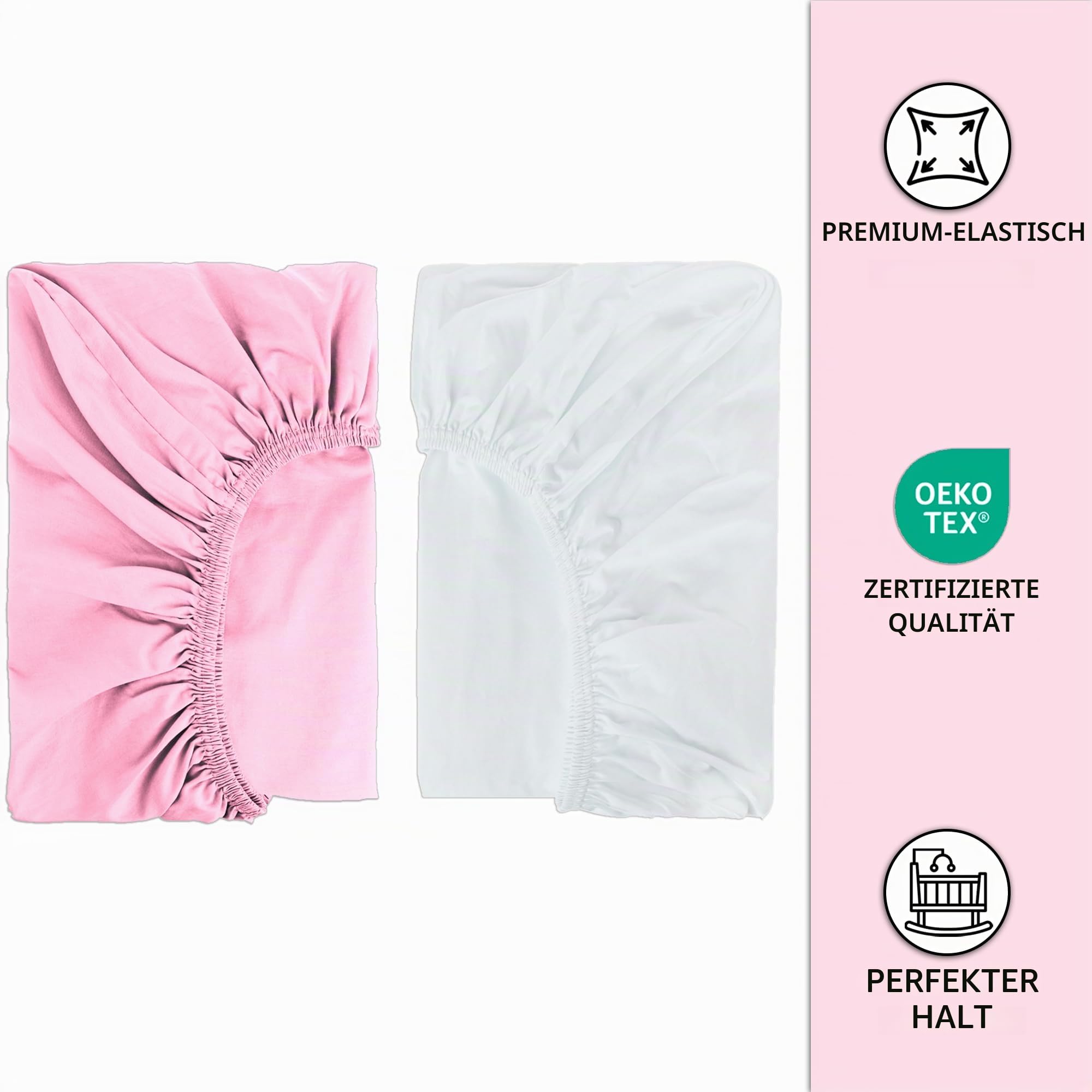 2X Spannbettlaken 80 x 160 cm, 100% Baumwolle, Weich und Atmungsaktiv, für Bett 80 x 160 cm, ohne Chemikalien (Weiß/Rosa)