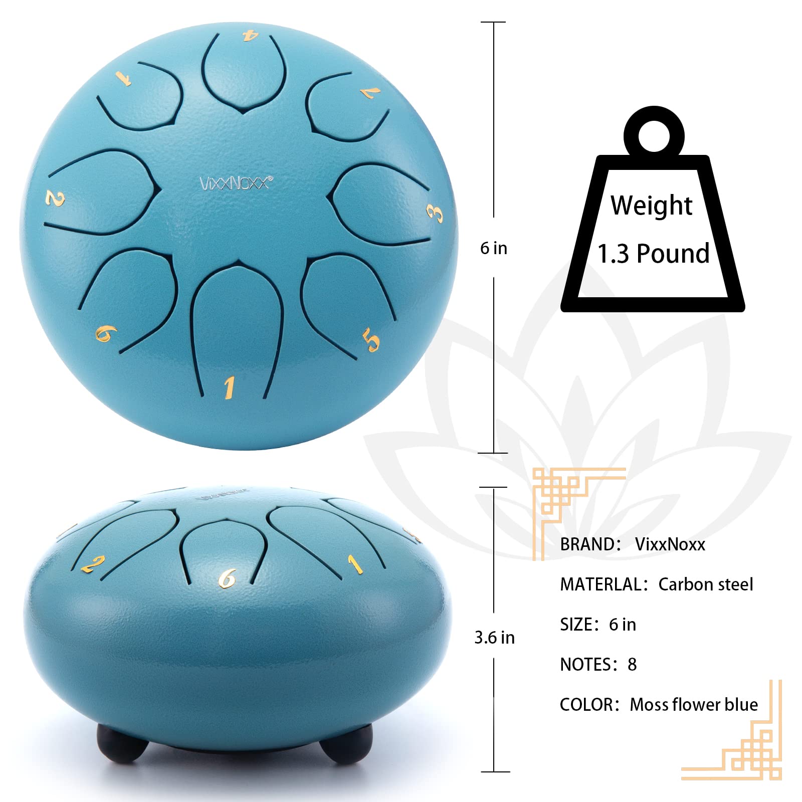Tambour de Langue en Acier, Tambour de Pluie pour l’Extérieur Jardin, 6 Pouces 15 cm 8 Tons Steel Tongue Drum Rain Drum Clé en C Instrument de Percussion à Main (Bleu Mousse)