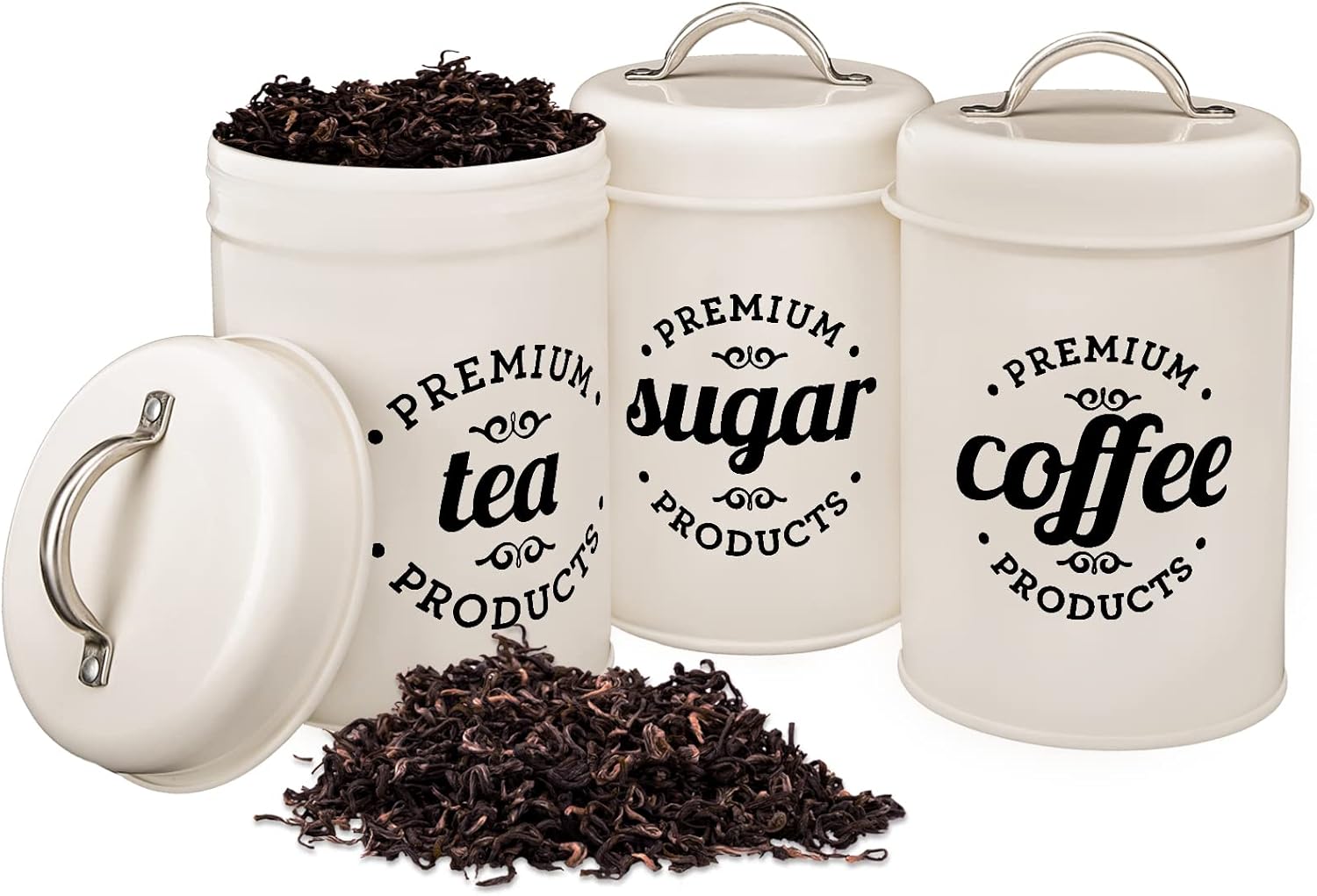 Tea Coffee Sugar Canisters Set of 3 Round Storage Jars with Airtight