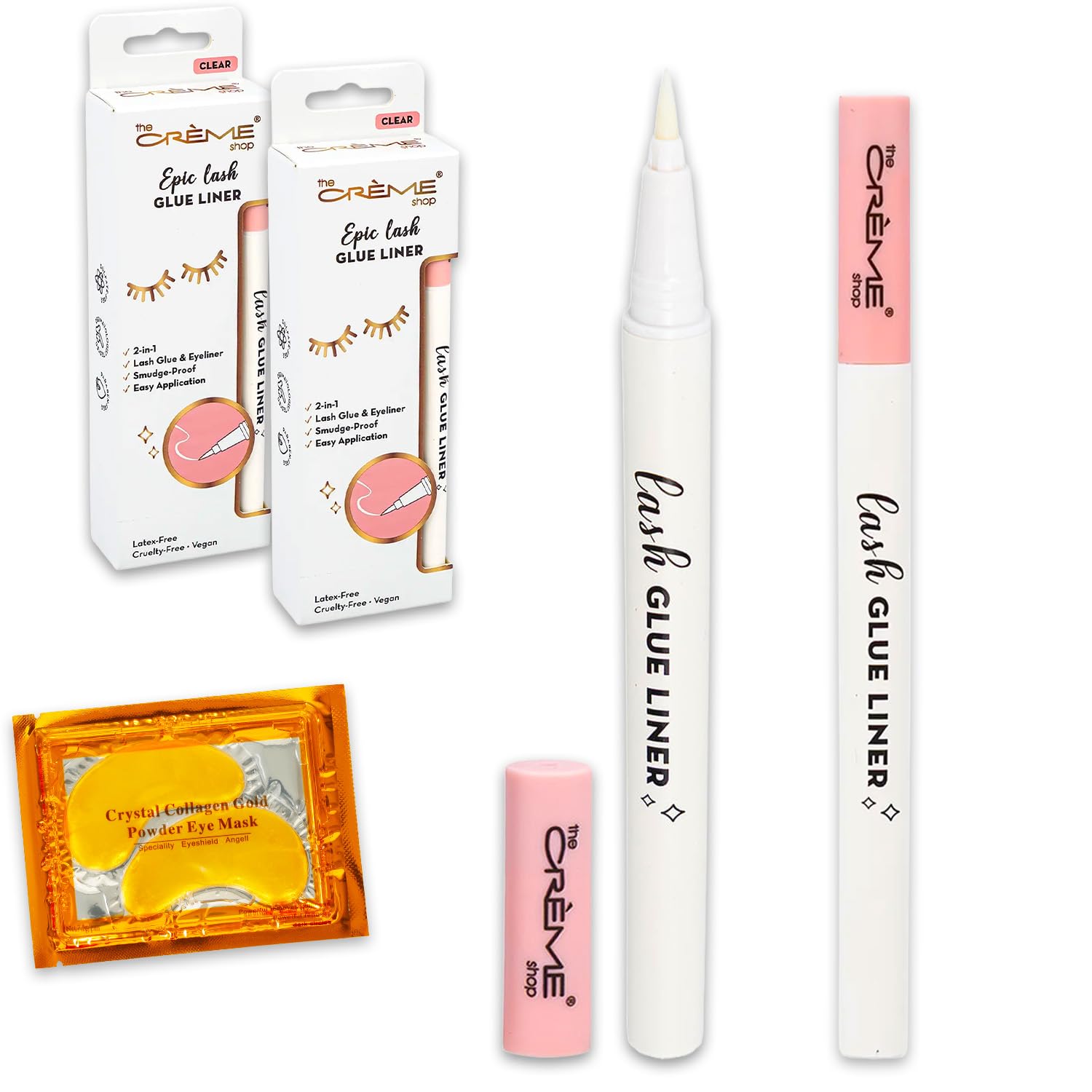 The Creme Shop Epic Lash Glue Liner - 2 Pc Bundle with 2 in 1 Clear Lash Glue and Eyeliner for Easy Smudge Proof False Eyelashes Application Plus Eye Mask | The Creme Shop Clear Lash Adhesive 2 Pack