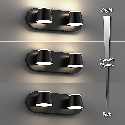 Miniatura 4 de URSOLA Lámpara de tocador de baño de 2 luces, lámparas LED negras para baño, regulables giratorias arriba y abajo, accesorios de iluminación de baño