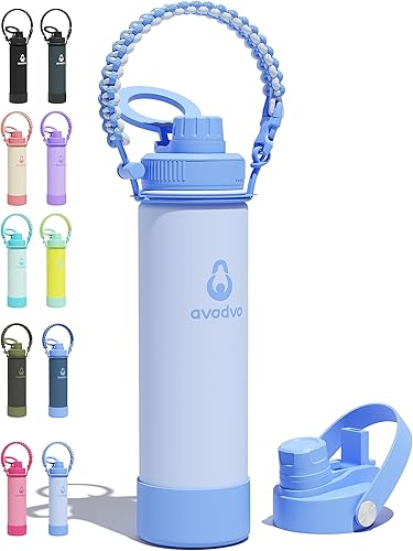Miniatura 61 de Botella de agua aislada avodvo de 12 onzas con 2 tapas (tapa con popote y boquilla de 2 en 1, tapa magnética), botella de agua para niños con Azul