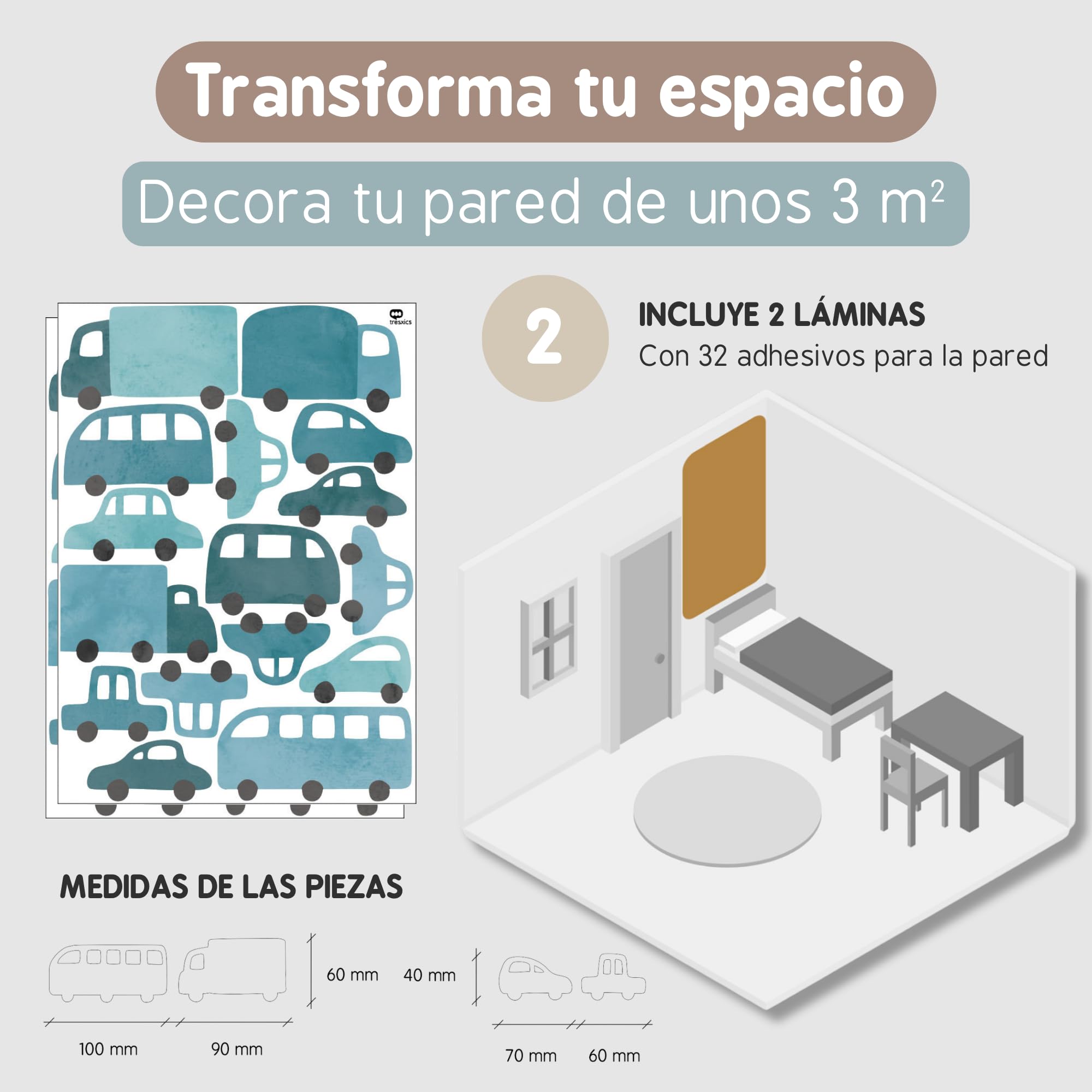 Pegatinas Pared Decorativas | Vinilo Adhesivo Pared Coches y Camiones | Efecto Papel Pintado | Cubre 3 m² | 32 piezas | TRESXICS (Azul)