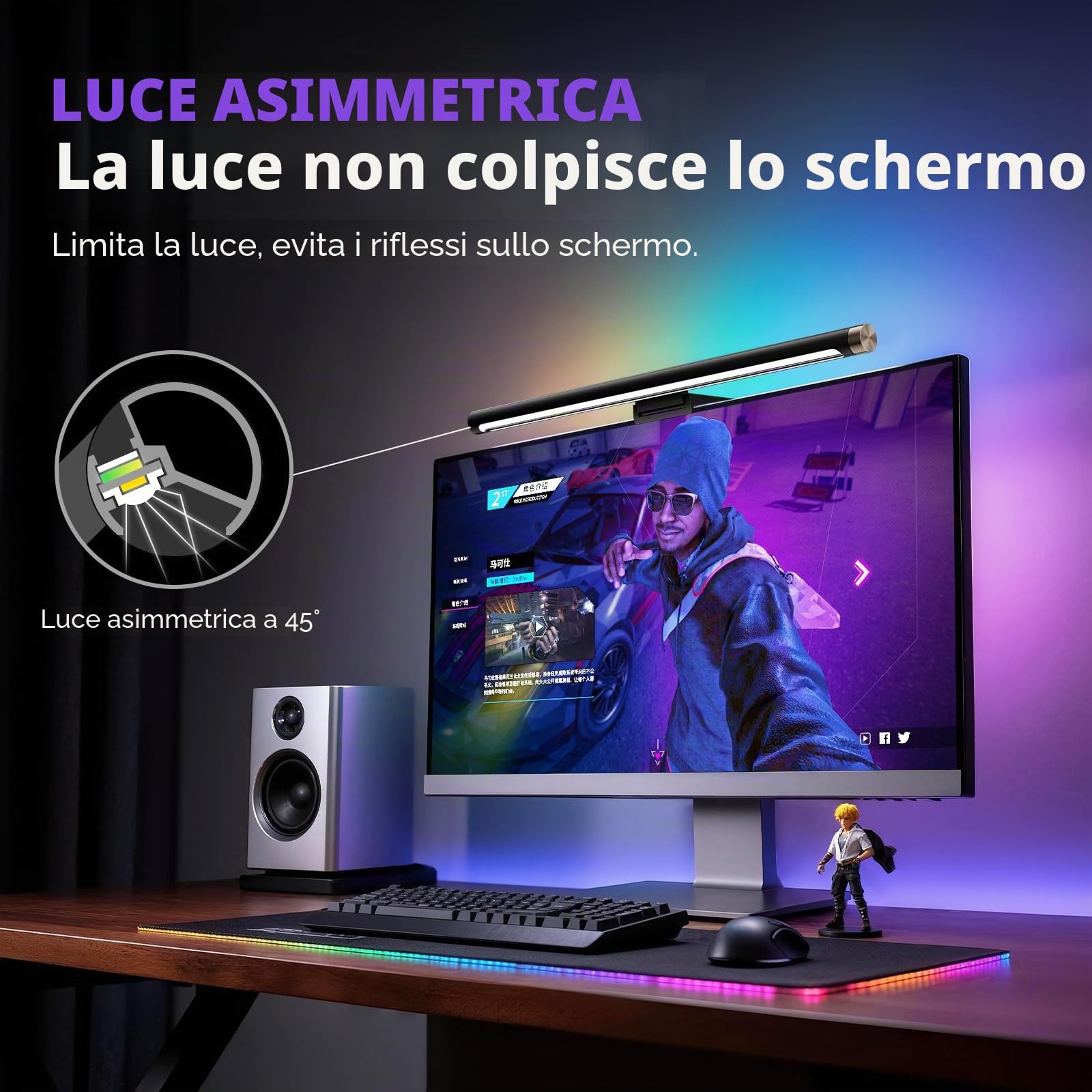 LYMAX Barra luminosa per monitor con retroilluminazione RGB, barra luminosa per computer per la cura degli occhi e lampada da scrivania a LED alimentata tramite USB, 45 cm, con memoria dimmerabile per