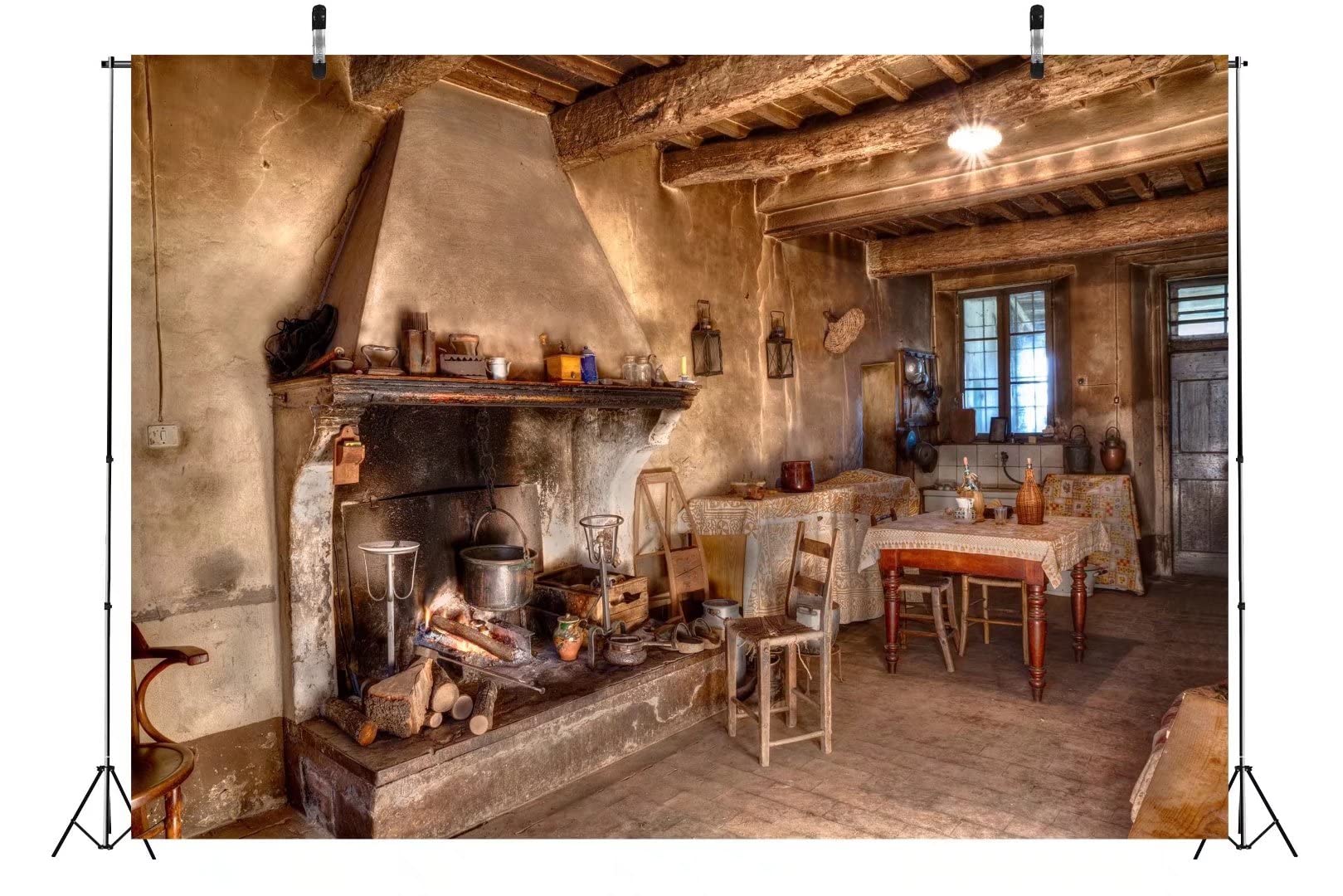 BELECO 3x2.5m Sfondo Cucina Antica Rustica, Fattoria, Camino, Sala Pranzo, Western, Tema Campagna, Accessori.