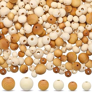 Hicarer 300 Pcs Wooden Beads for Crafts Bulk Unfinished Natural Wood Round Beads Polished Spacer Wooden Loose Crafts for Jewelry Making DIY Garland Decor(6,8,10 mm,Khaki and Natural Color)