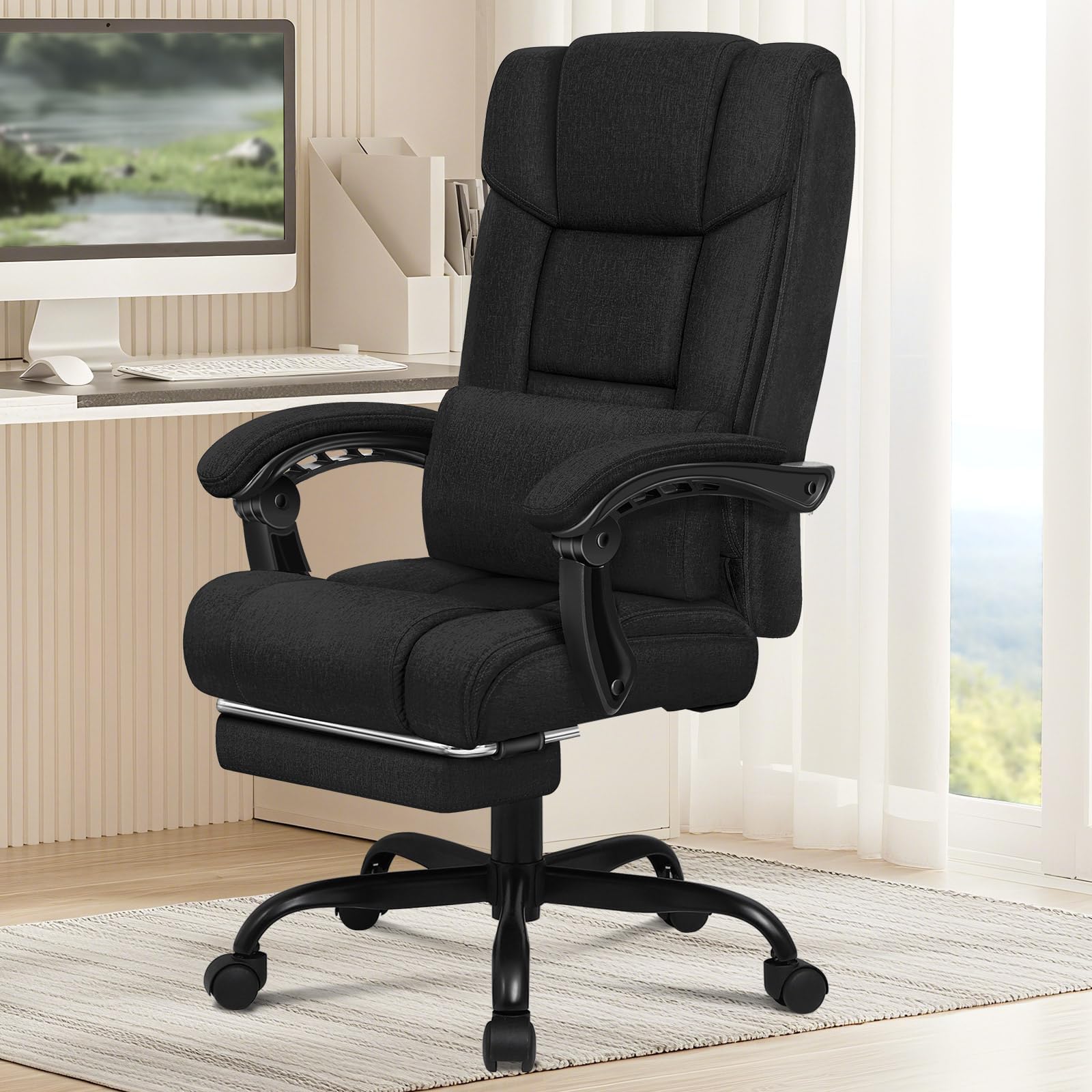 ELFORDSON Executive Office Chair for Home Office, Ergonomic PC Gaming Chair with Footrest Lumbar Support Armrests, Comfy High Back 150° Reclining Computer Chairs, 180KG Loads, Fabric Linen, Grey