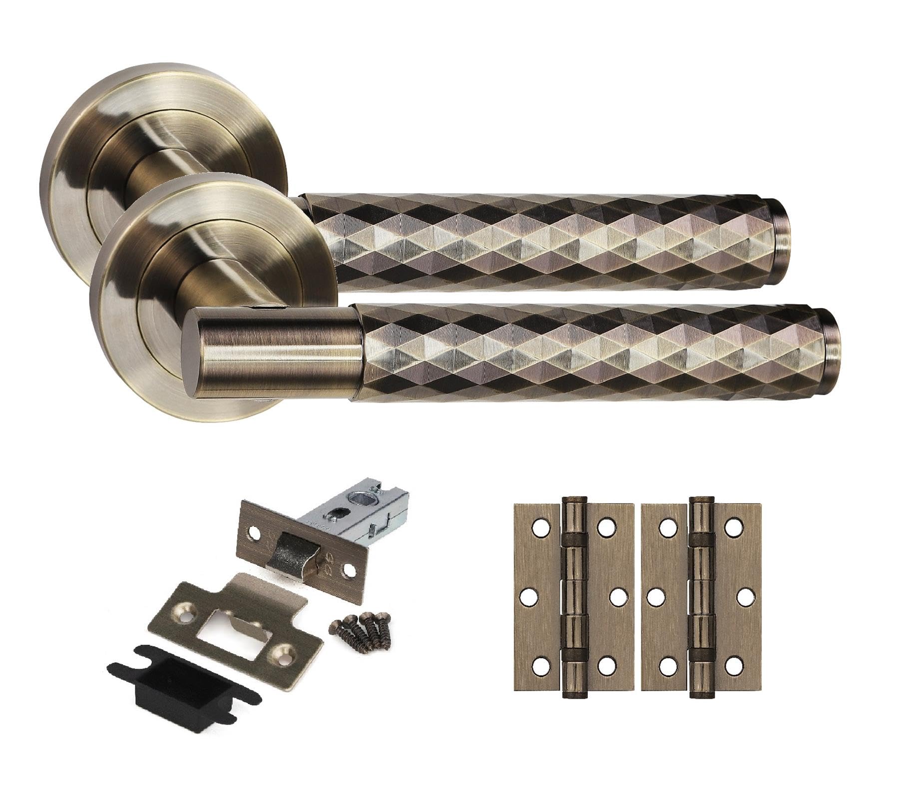 Golden Grace 1 Set Knurled Diamond Cut T-Bar Internal Door Handles With Latch And Hinges Antique Brass Finish from B&Q