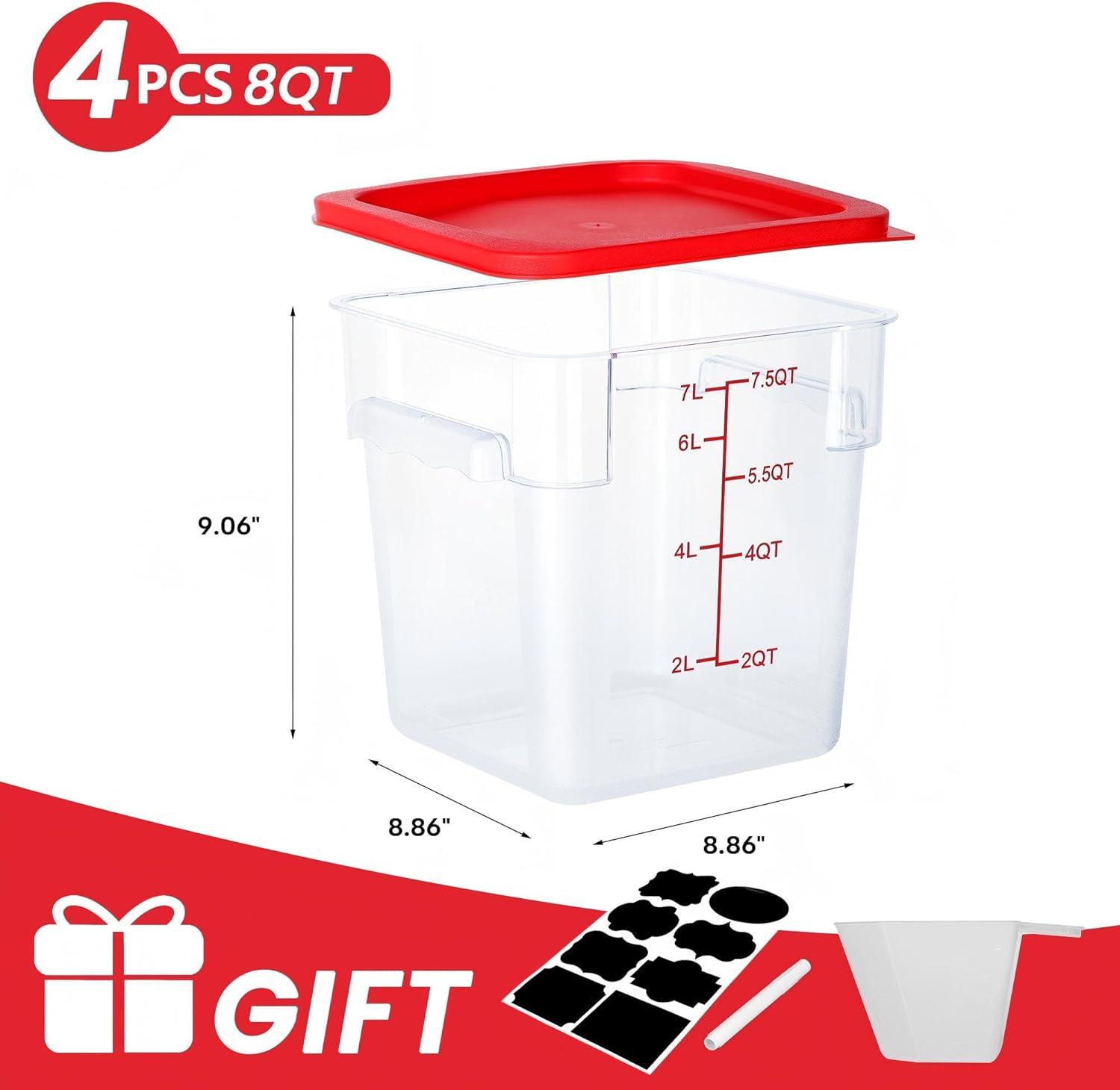 4 pack food storage containers, 8 quart with lids, square commercial containers with scale, nsf, polycarbonate, clear 8qt-4 pack(red lids)