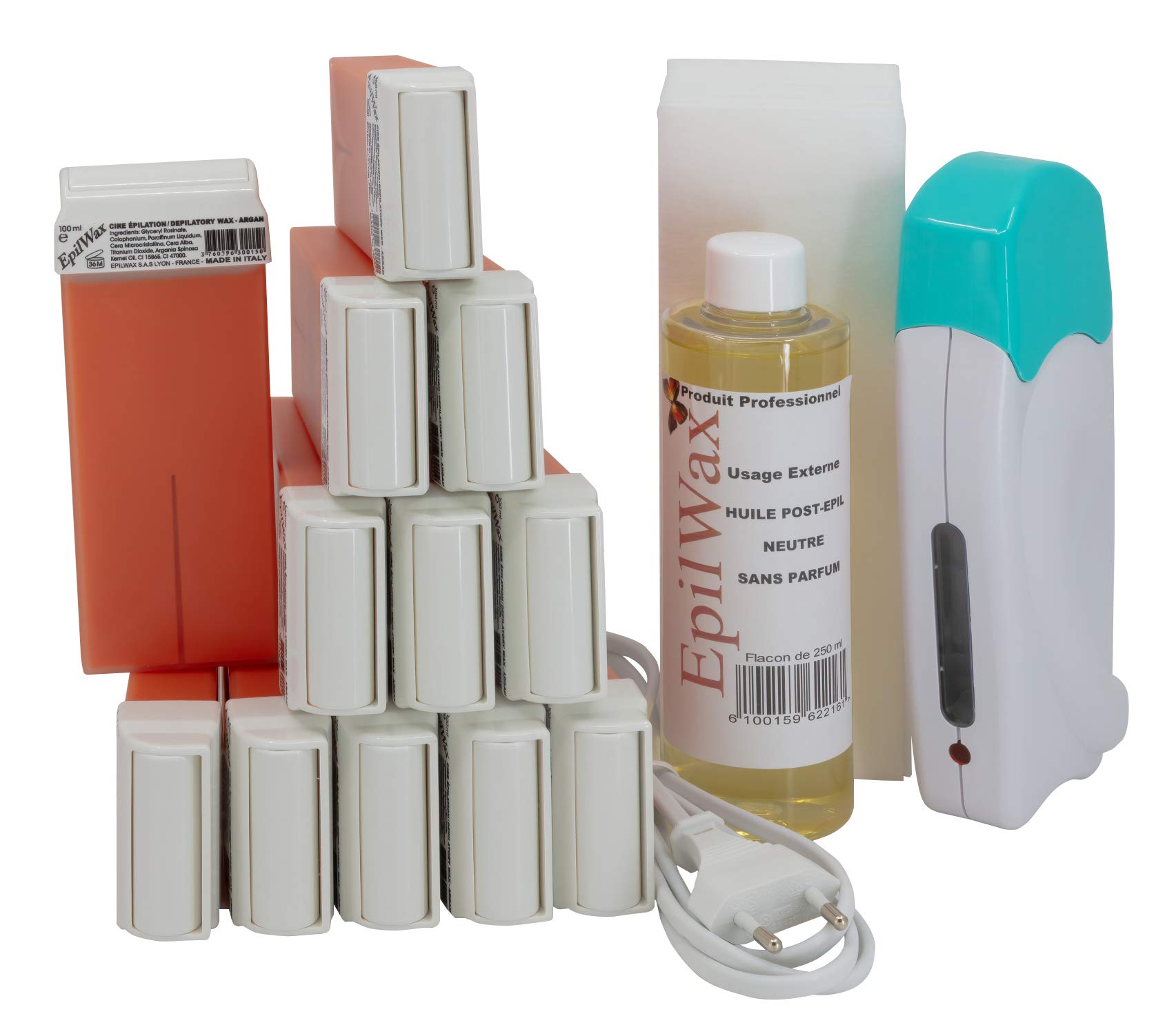 EpilWax - Kit completo de depilación Solo: 1 calentador de cera, 12 Roll-On de cera de Argán de 100 ml, 100 bandas de depilación, 1 botella de aceite para después de la cera de 250 ml (Solo Argan 12)