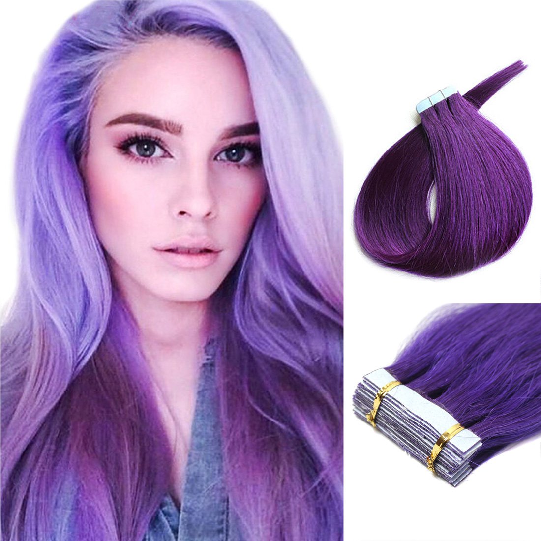 16"-24" 20Pcs Pu Tape in Skin Weft Human Hair Extensions Straight AAAAAAA Remy Hair (24Inch, Purple)