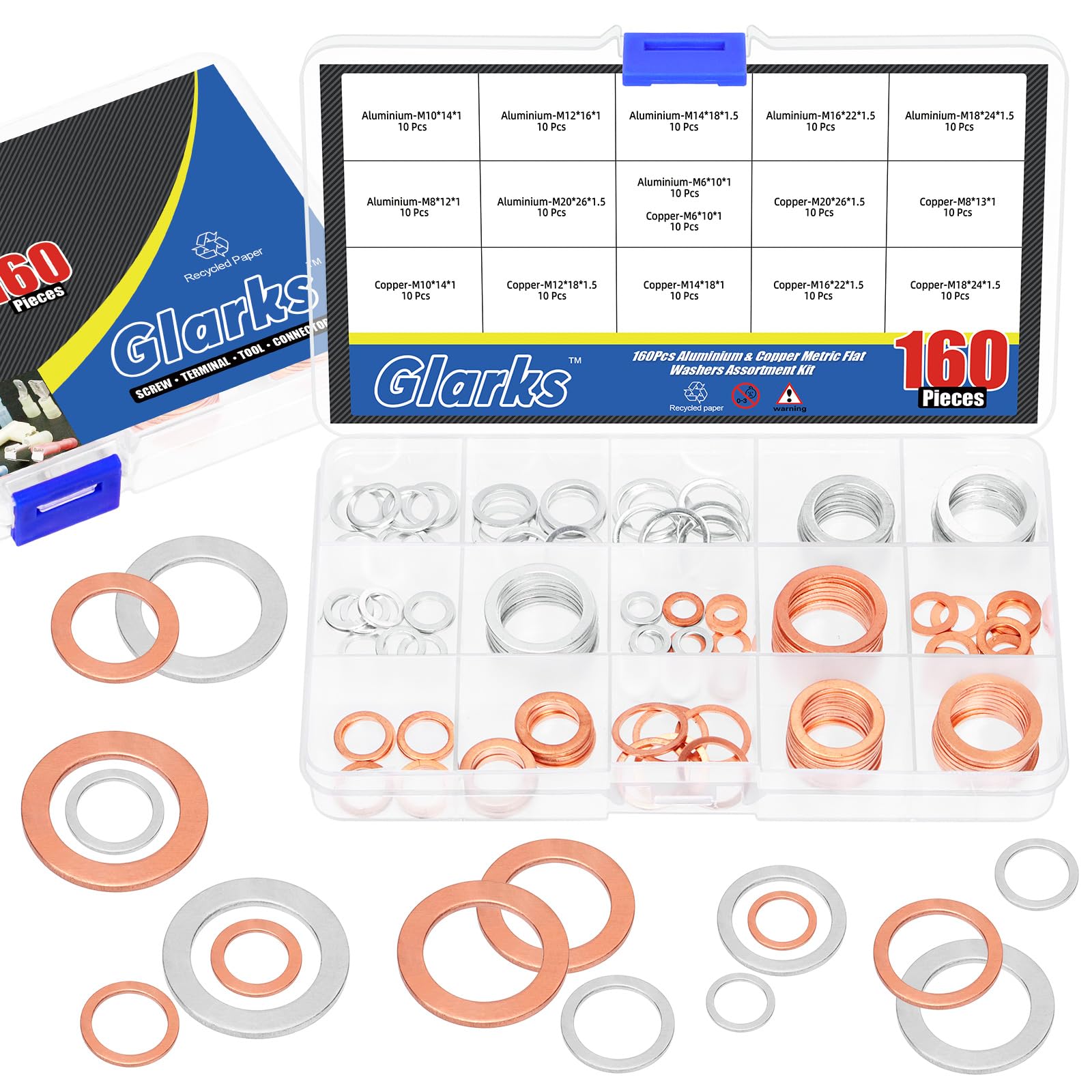 Glarks 160 pezzi rondelle olio rame alluminio M6 M8 M10 M12 M14 M16 M18 M20 set guarnizioni tappo olio