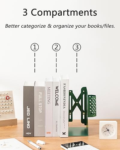 Miniatura 3 de Kingsmile Sujetalibros ajustables para estantes, sujetalibros de metal para libros pesados, organizador de tapón de libro con soporte para bolígrafo