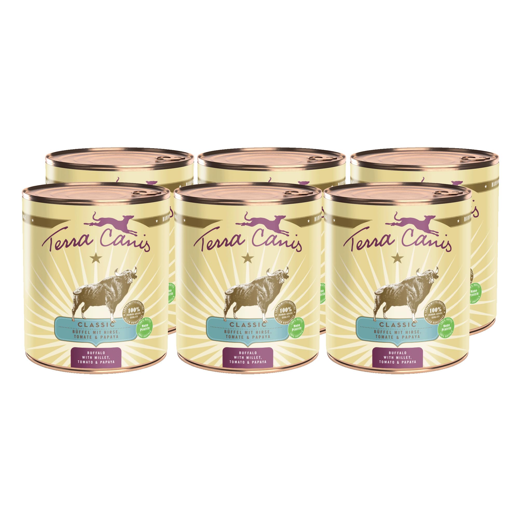 Terra Canis Bufali, miglio, papaya e pomodoro – Classico cibo umido, 6 x 800 g, cibo per cani di alta qualità, 100% per uso alimentare, ricco e sano, anallergico e senza cereali, senza glutine