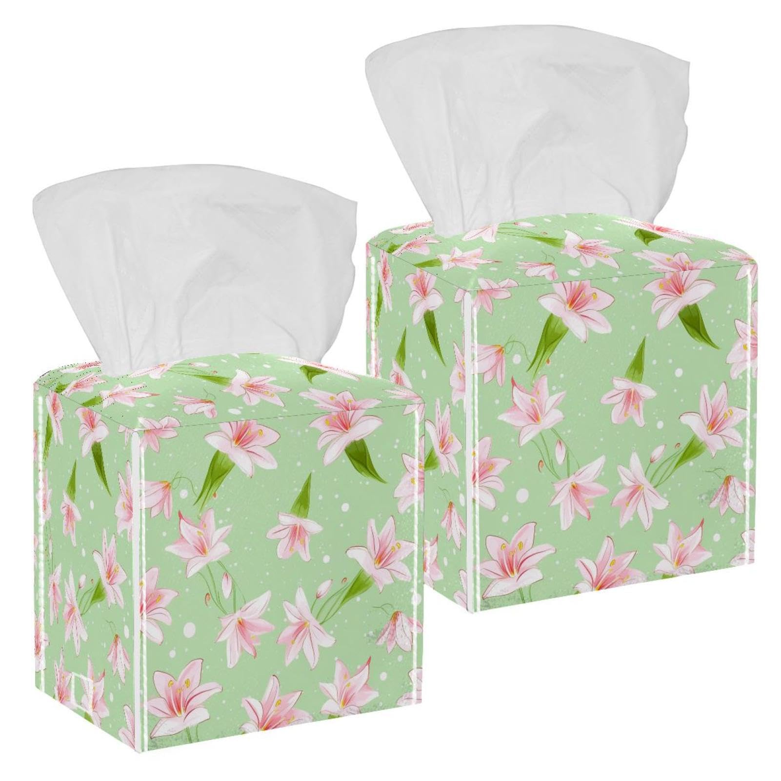 Lilies Pretty Tissue Box Cover, 2 Pack PU Leather Square Facial Tissue Dispenser Box holder for Home Office Car