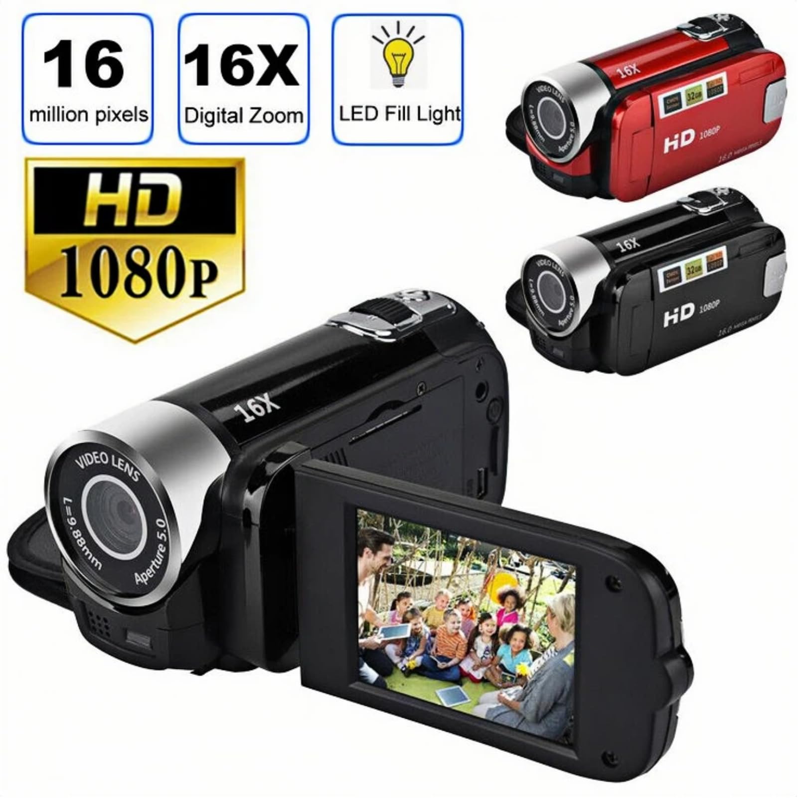 Akozon Videocamera Portatile, Videocamera Dv 1080P 16MP Schermo Girevole TFT da 2,7 Pollici Video 16x per Bambini Zoom Digitale con Cavo USB Mini Lettore Dv Nero (Nero)